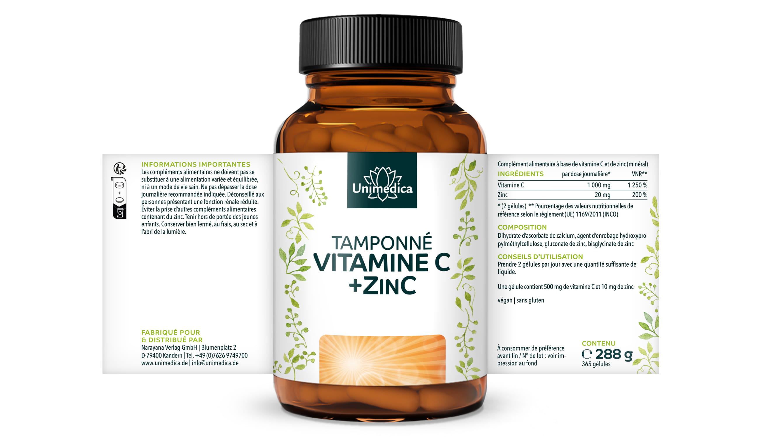 Vitamine C tamponnée + zinc - 1 000 mg de vitamine C et 20 mg de zinc par dose journalière (2 gélules) - 365 gélules - par Unimedica