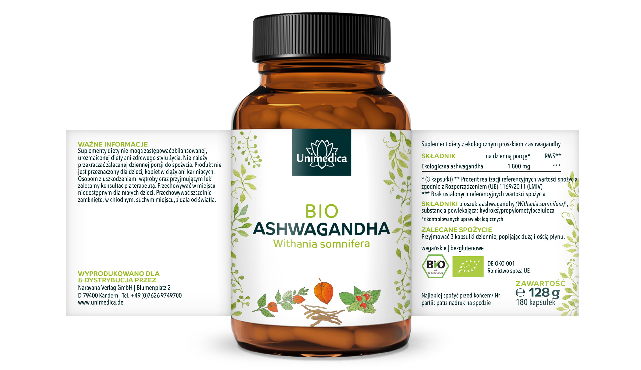 Bio Ashwagandha - 1 800 mg na porcję dzienną (3 kapsułki) - wysokodawkowy - 180 kapsułek - od Unimedica