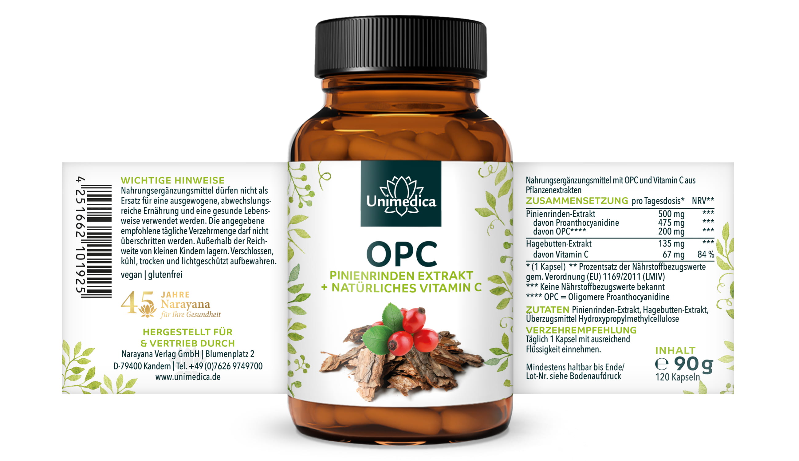 2er-Sparset: OPC Pinienrinden Extrakt + Vitamin C - 500 mg Pinienrinden-Extrakt pro Tagesdosis (1 Kapsel) - davon 475 mg OPC - 2 x 120 Kapseln - von Unimedica