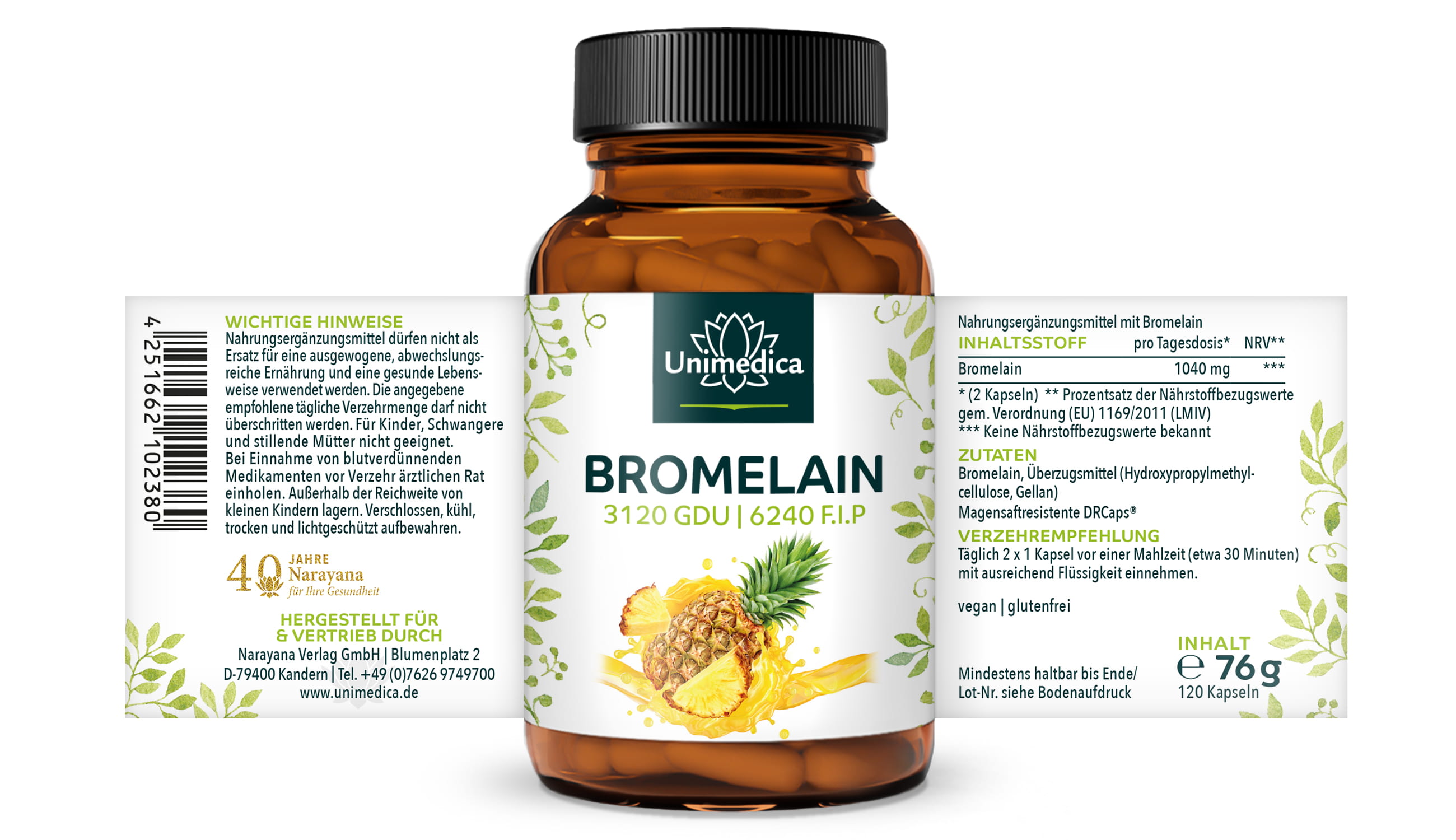 Bromelain - 1040 mg und 3.120 GDU | 6.240 F.I.P. pro Tagesdosis (2 Kapseln) - mit magensaftresistenten DR® Caps - 120 Kapseln - von Unimedica