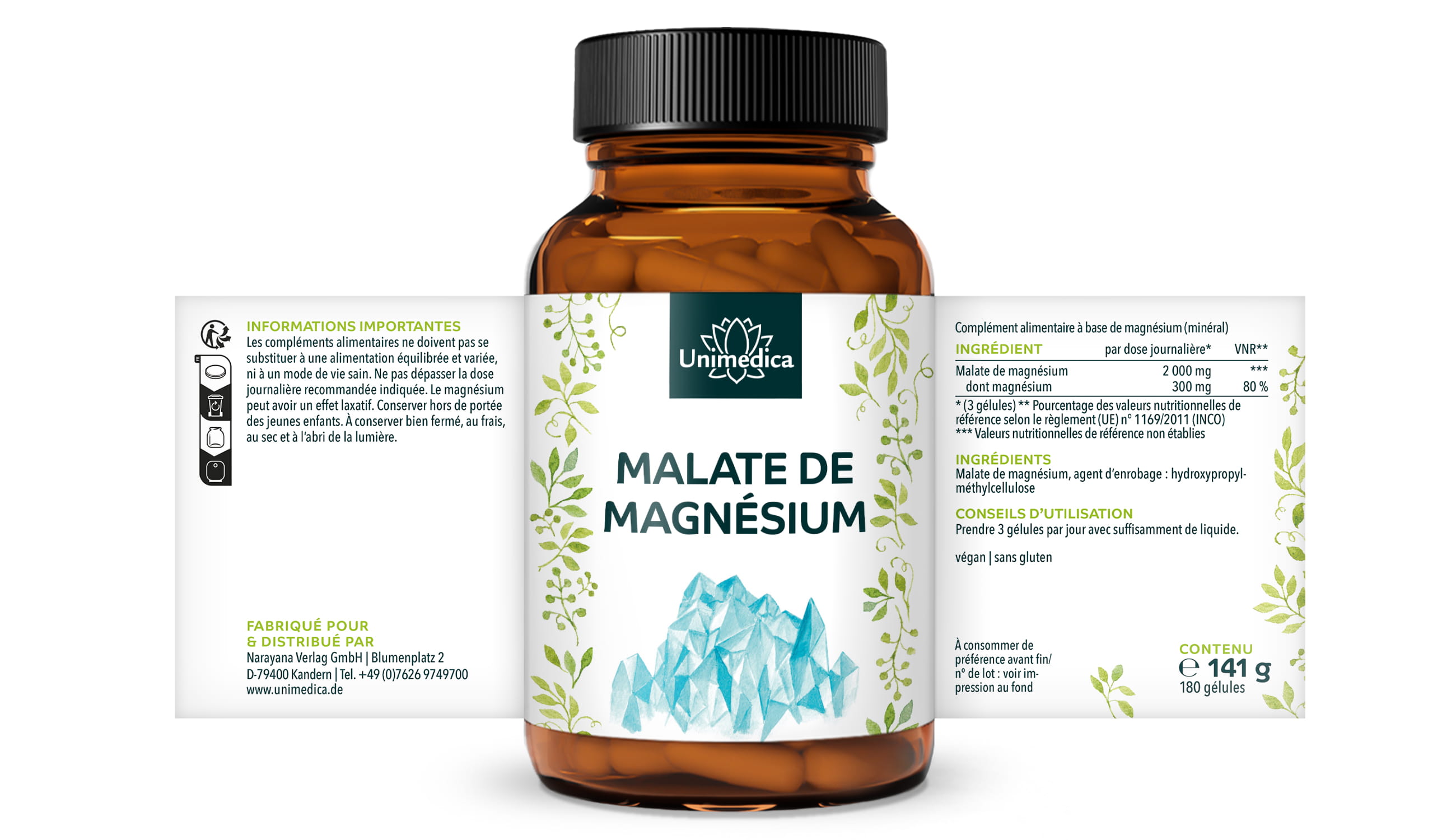 Malate de magnésium  - 300 mg de magnésium par dose journalière (3 gélules) - 180 gélules - par Unimedica