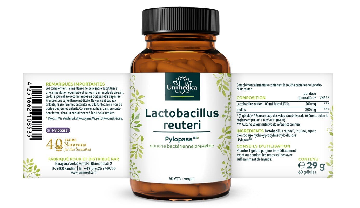 Pylopass™  Lactobacillus reuteri  200 mg par dose journalière  60 gélules  par Unimedica