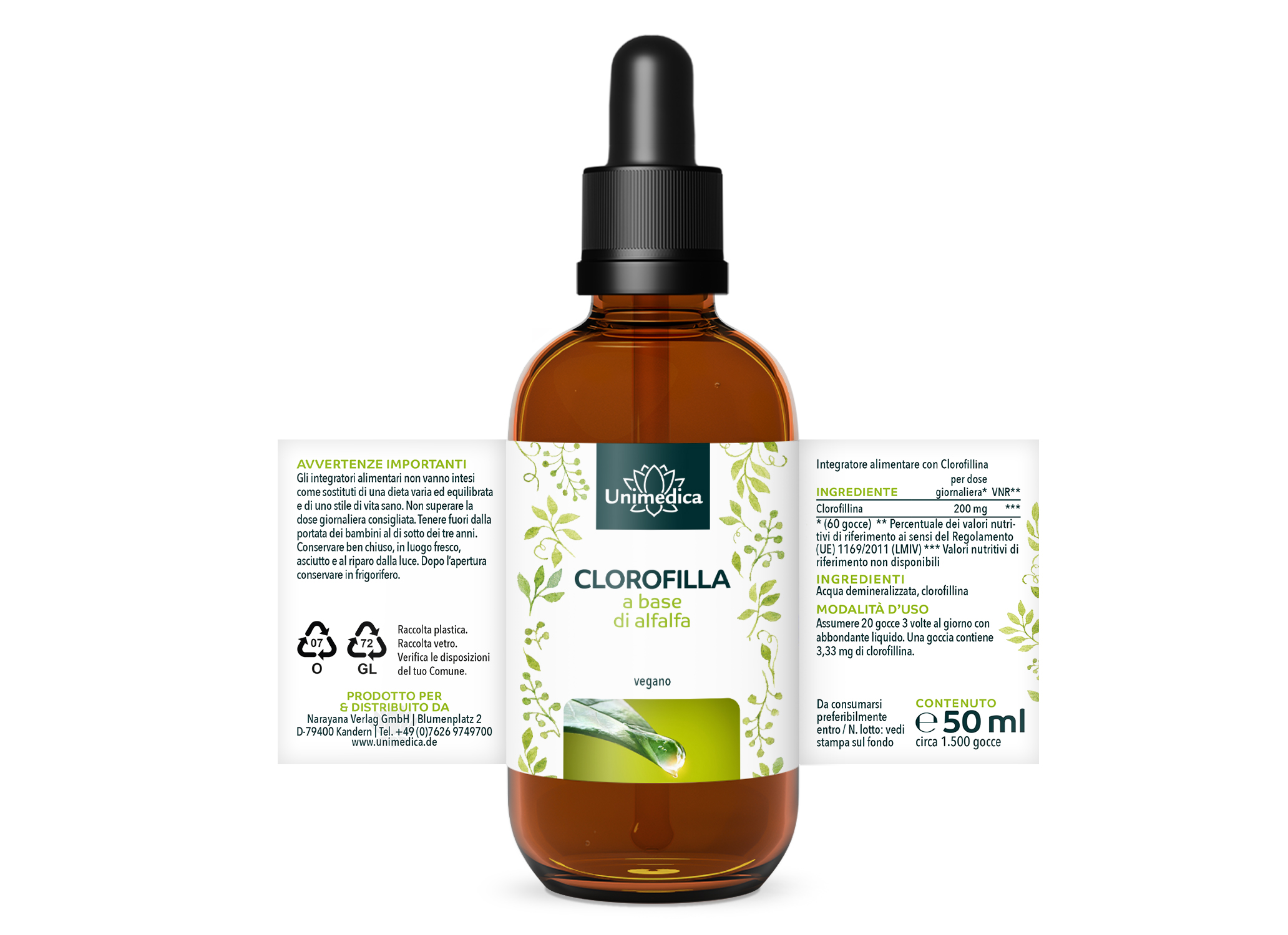 Gocce di clorofilla - a base di alfalfa - 200 mg per dose giornaliera (3 x 20 gocce) - 50 ml - di Unimedica