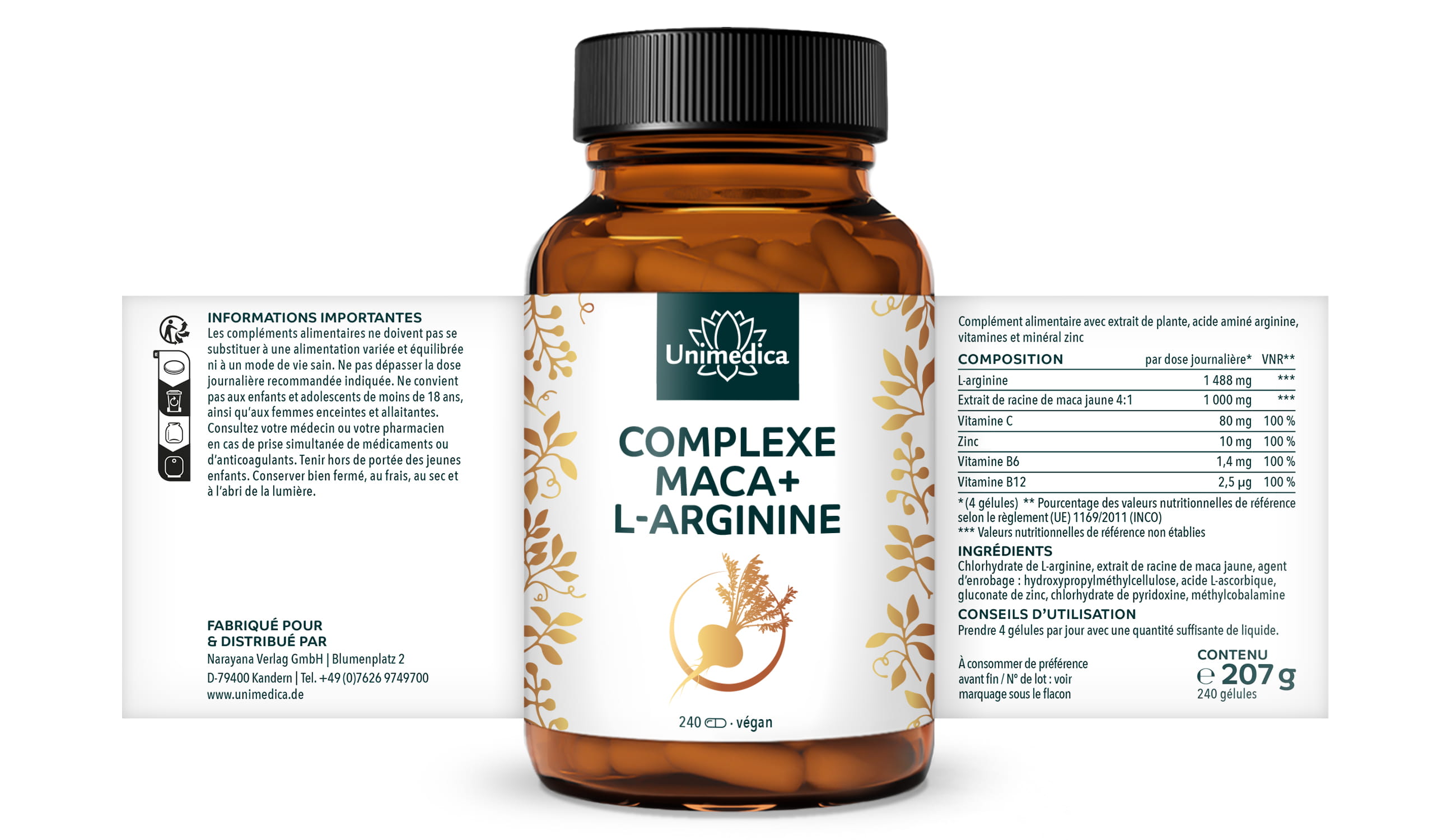 Complexe  Maca + L-arginine forte avec vitamines C, B6, B12 et zinc - dosage élevé - 240 gélules - Unimedica