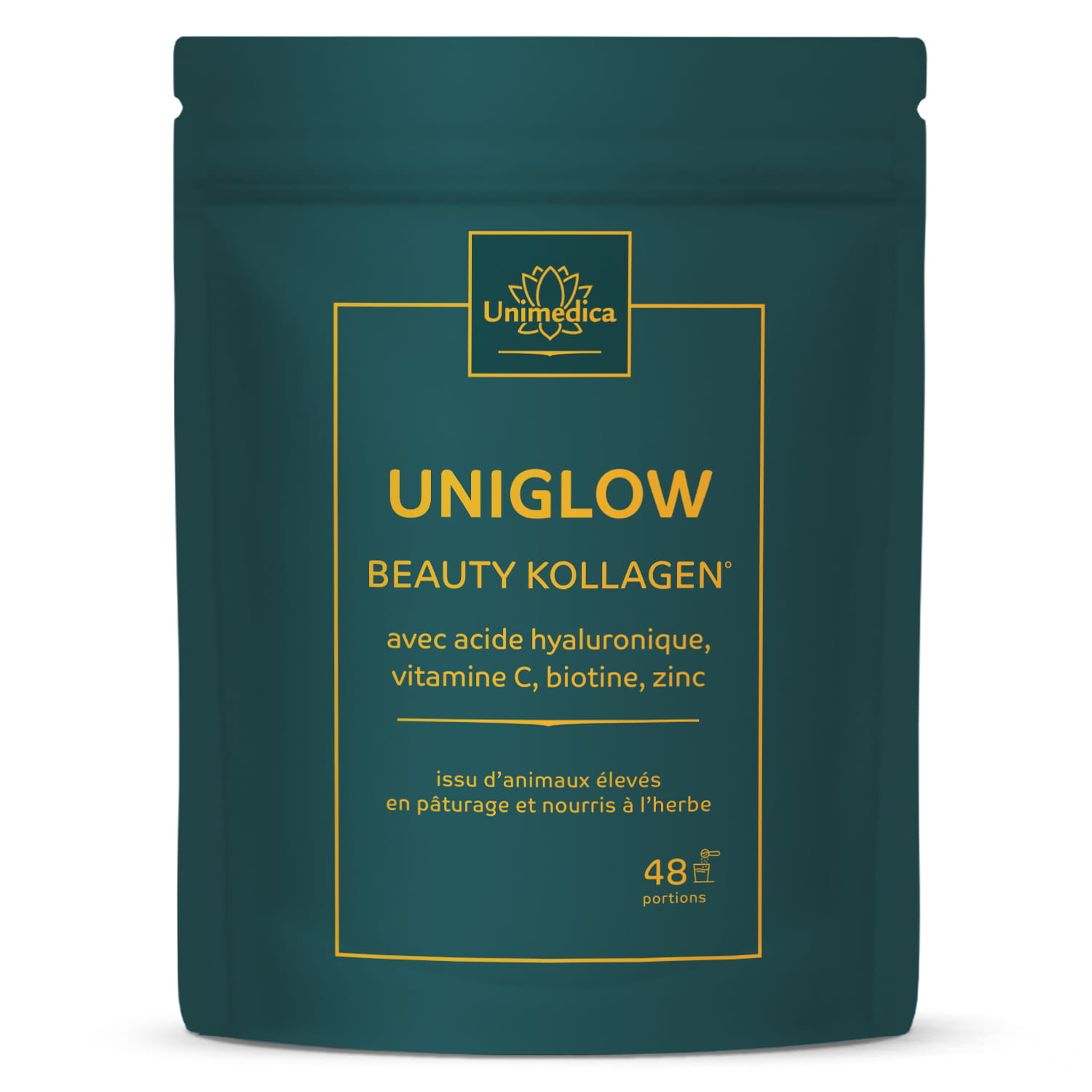 Uniglow Beauty Collagène  Complexe au collagène issu du fourrage à base d'herbe + vitamine C, biotine et zinc - 500 g de poudre - par Unimedica