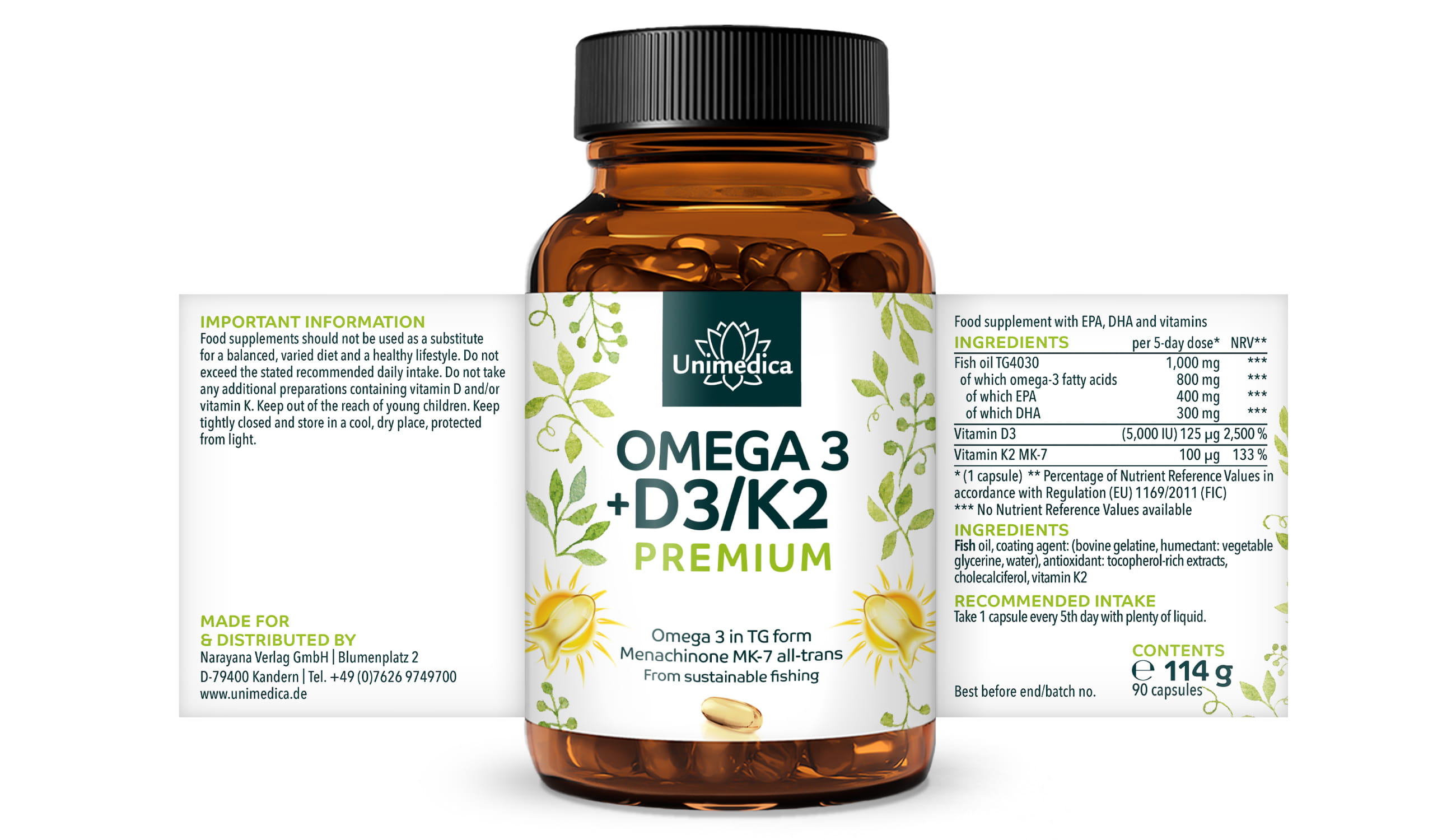 Vitamin D3 + K2 + Omega-3 - Premium  from sustainable fishing - 90 soft gel capsules - from Unimedica