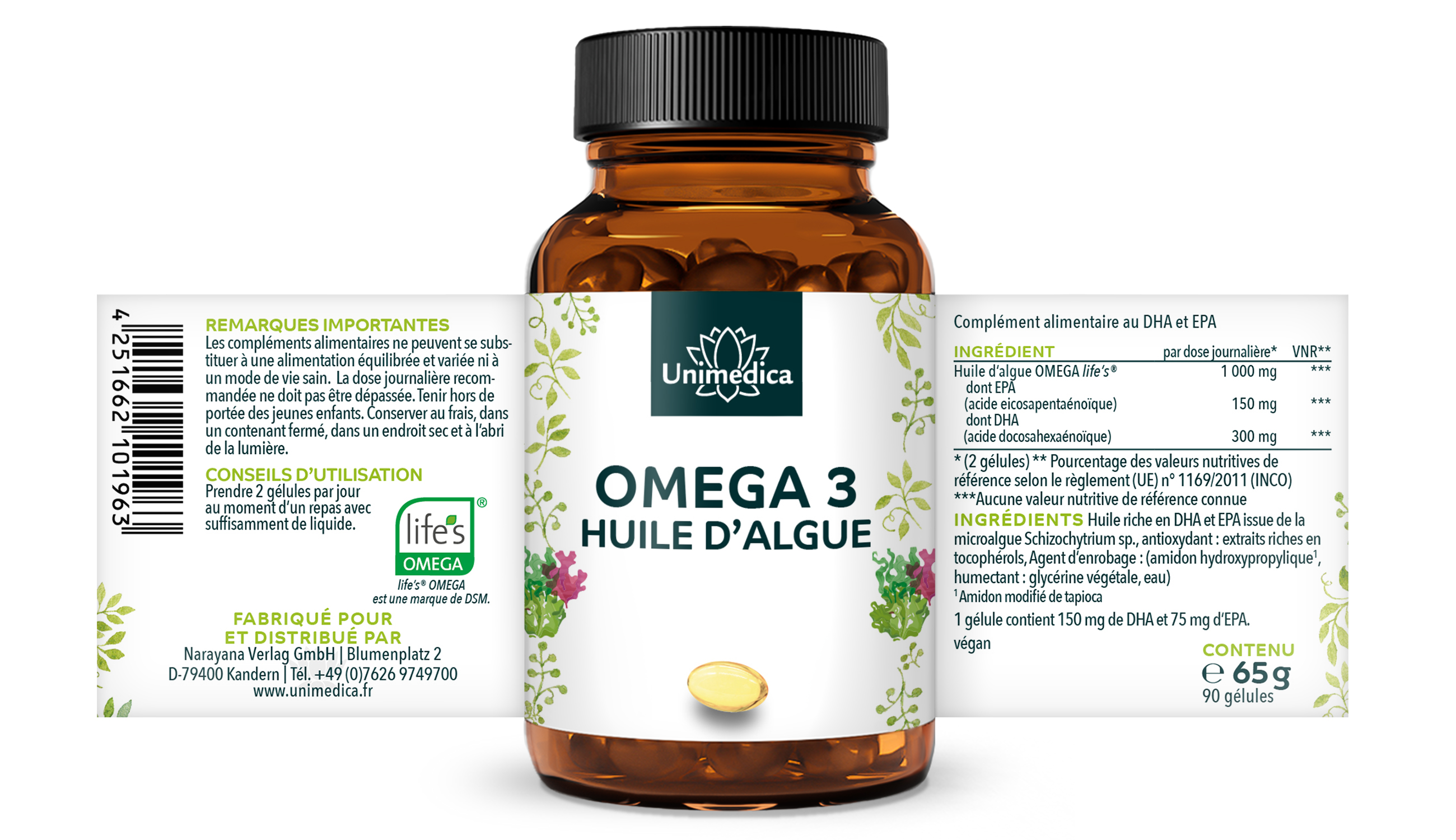 Huile d'algue en gélules - avec 250 mg de DHA - 90 gélules - par Unimedica