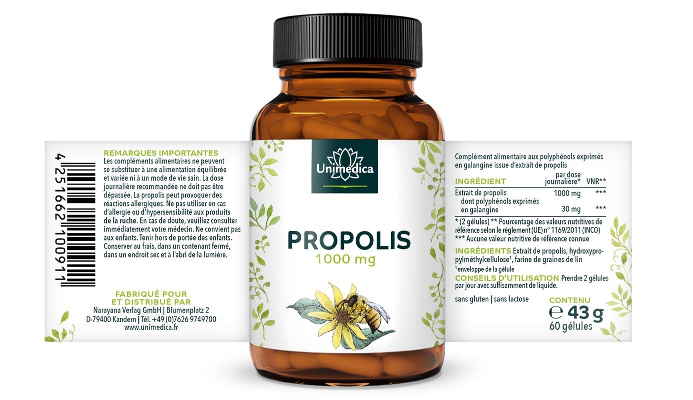 Lot de 2: Gélules de propolis - 250 mg - 2 x 60 gélules - par Unimedica