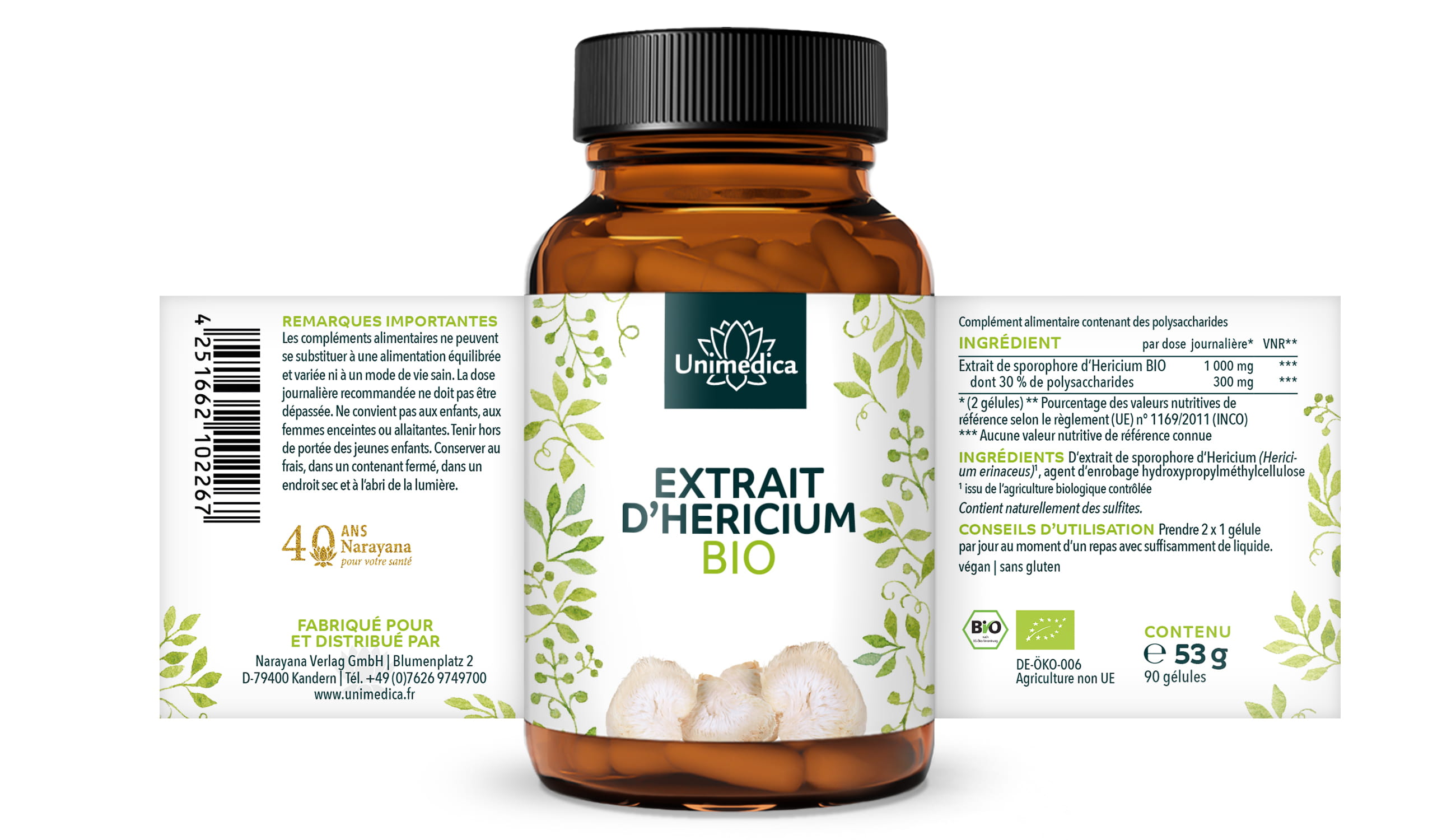 Extrait d'Hericium BIO - 1000 mg par dose journalière (2 gélules) - contient 30 % de polysaccharides - 90 gélules - par Unimedica