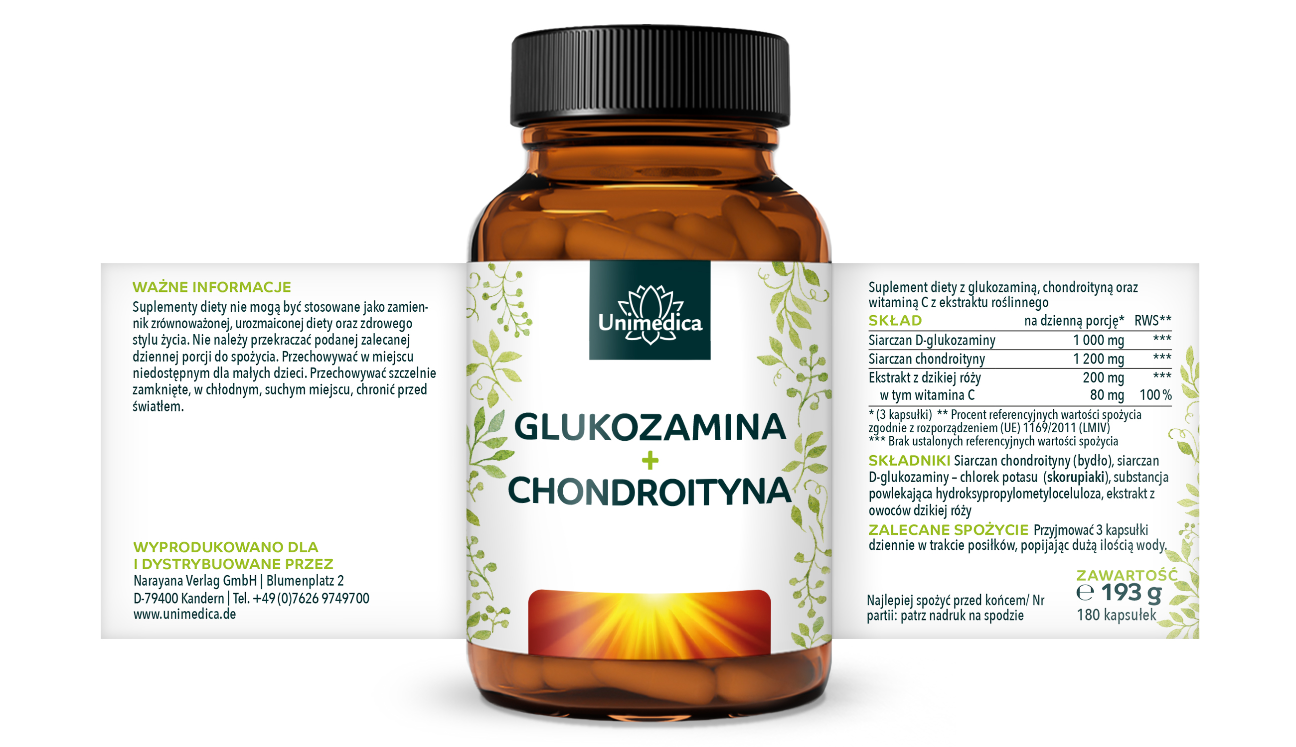 Glukozamina + Chondroityna - o wysokiej dawce - 180 kapsułek - od Unimedica