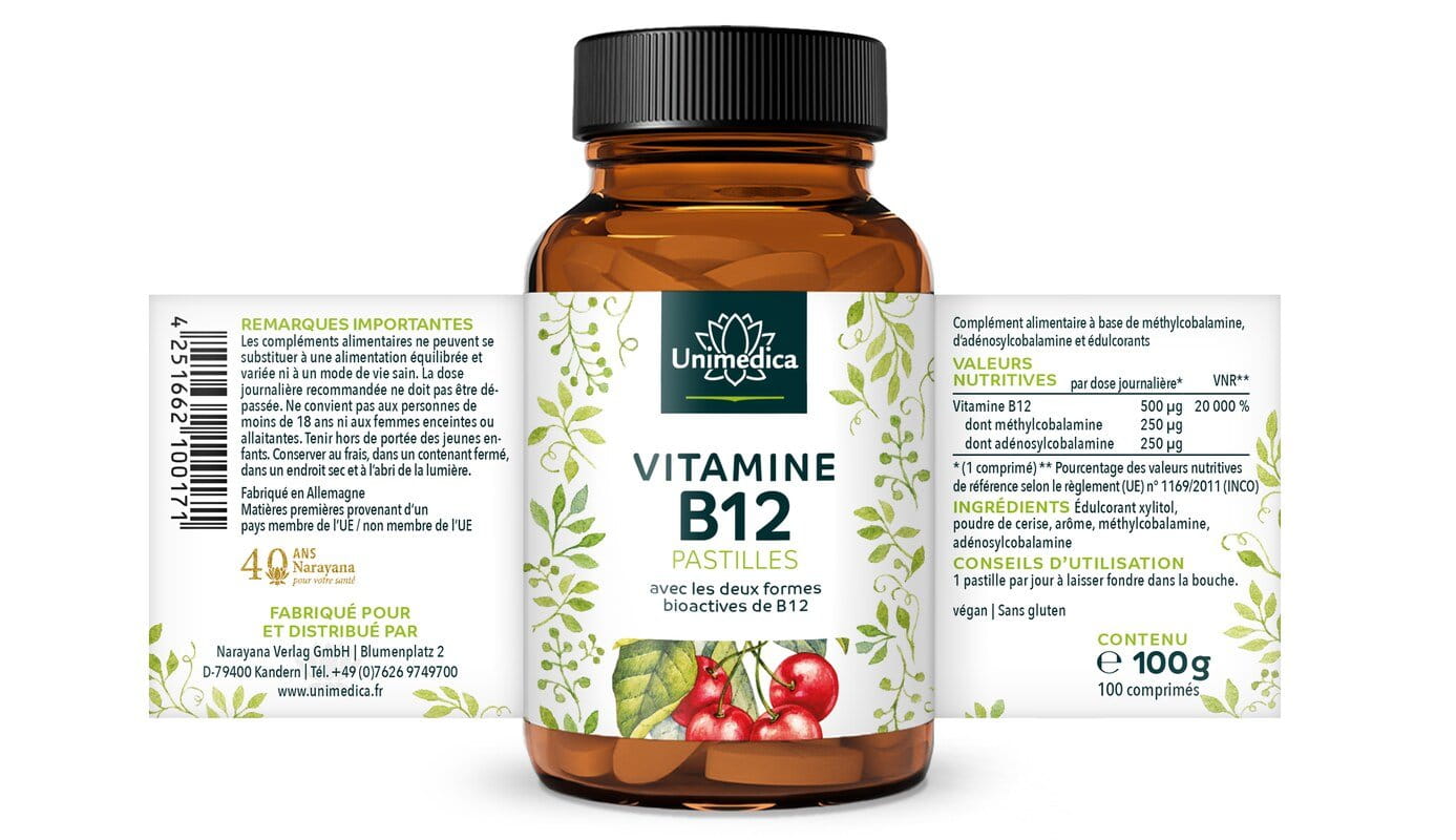 Pastilles de vitamine B12 - 100 comprimés à sucer - par dose journalière - Unimedica