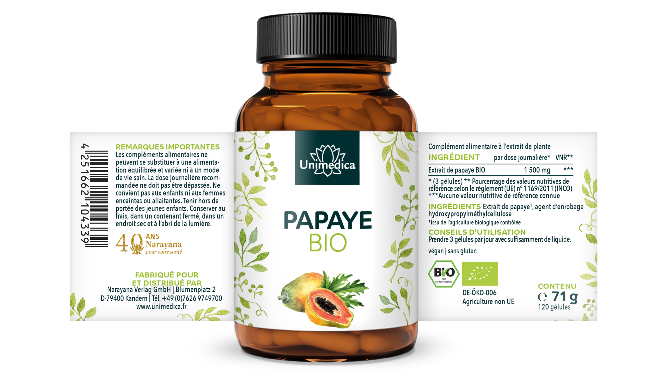 Extrait de papaye BIO  1 500 mg par dose journalière - 120 gélules - par Unimedica