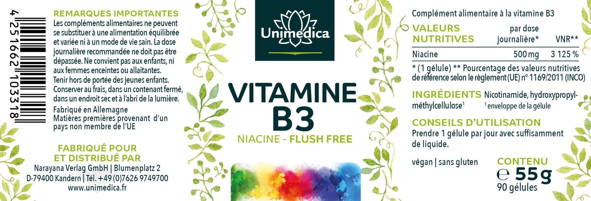 Vitamine B3 niacine « Flush Free » - 500 mg par dose quotidienne (1 capsule) - 90 capsules - par Unimedica