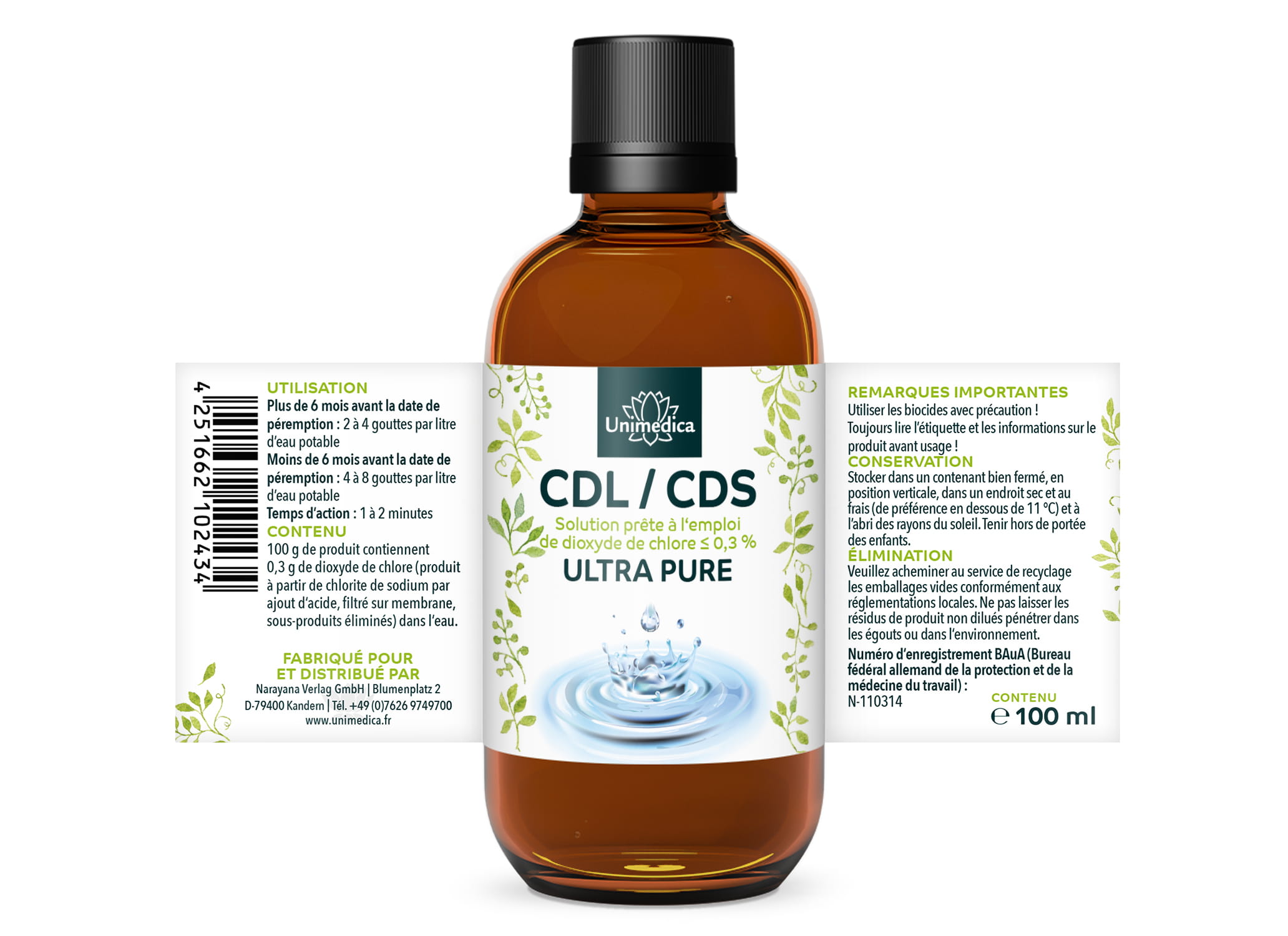 Solution de dioxyde de chlore CDL/CDS - ULTRA PURE - ≤ 0,3 % prête à l'emploi - 100 ml  d'Unimedica