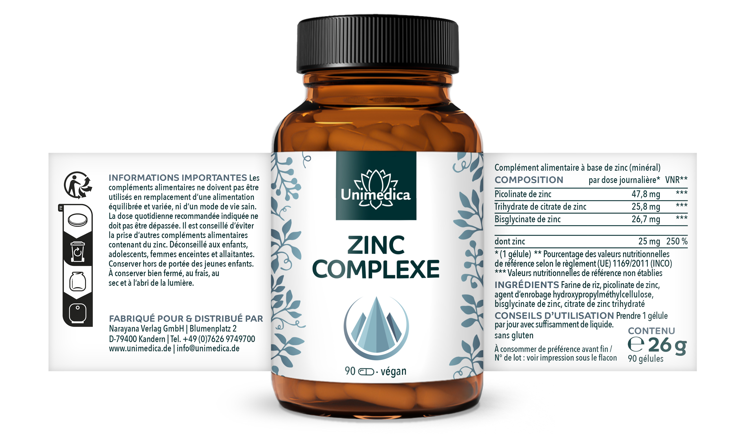 Complexe de zinc  3 formes  25 mg de zinc par dose journalière (1 gélule)  hautement dosé  90 gélules  par Unimedica