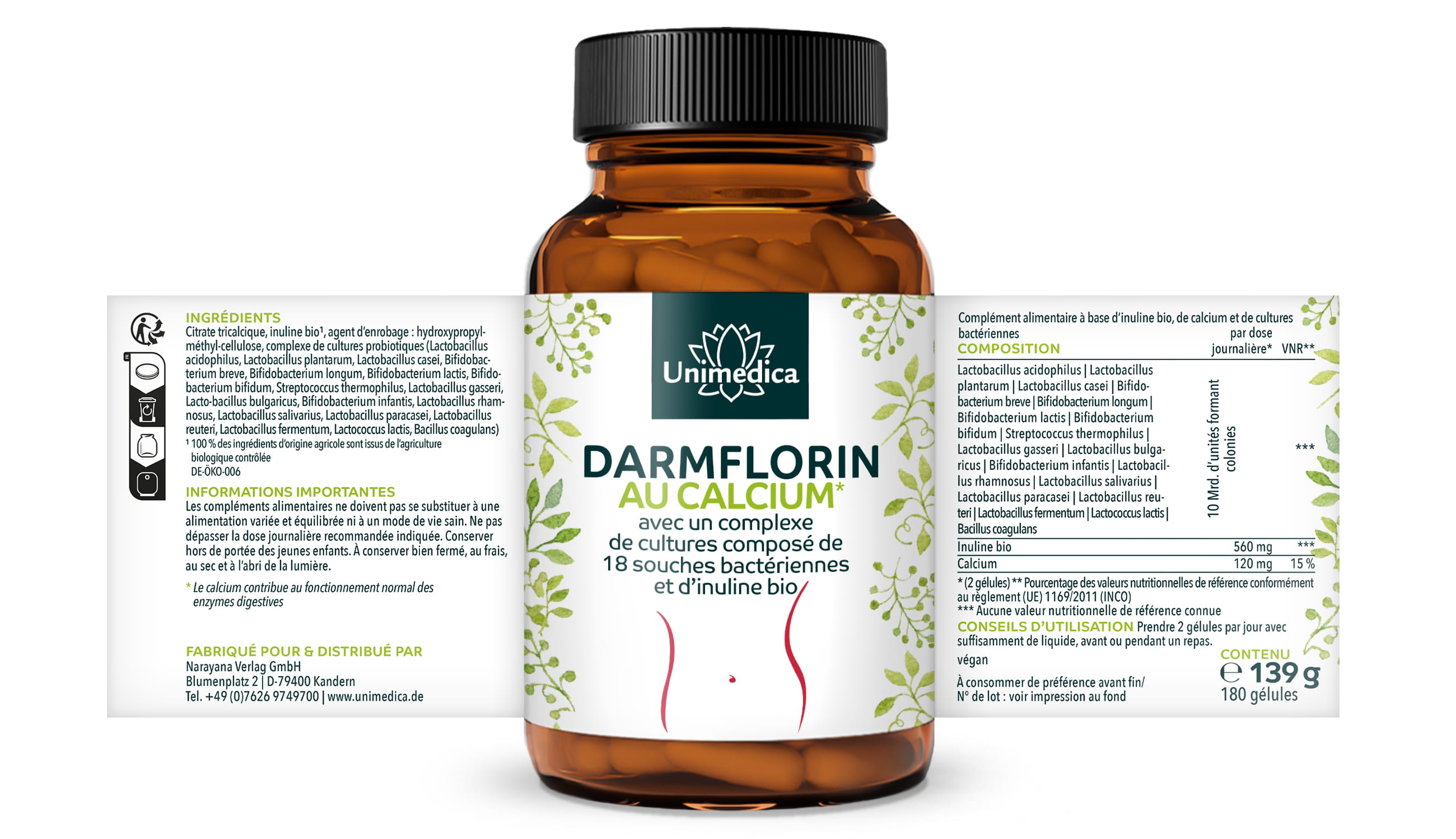 Darmflorin avec calcium - avec complexe de cultures de 18 souches bactériennes et inuline BIO - 180 gélules - par Unimedica