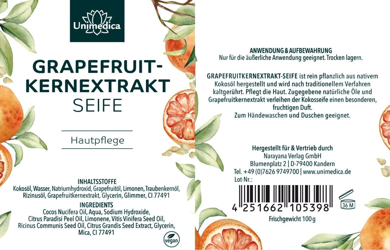 Grapefruitkern Seife - Grapefruitkernextrakt-Kokosseife - naturrein und kaltgerührt - 100 g - von Unimedica