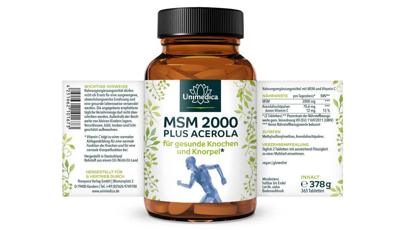 MSM plus Acerola 2000 - für gesunde Knochen und Knorpel* - 2000 mg MSM pro Tagesdosis (2 Tabletten) - 365 Tabletten - von Unimedica