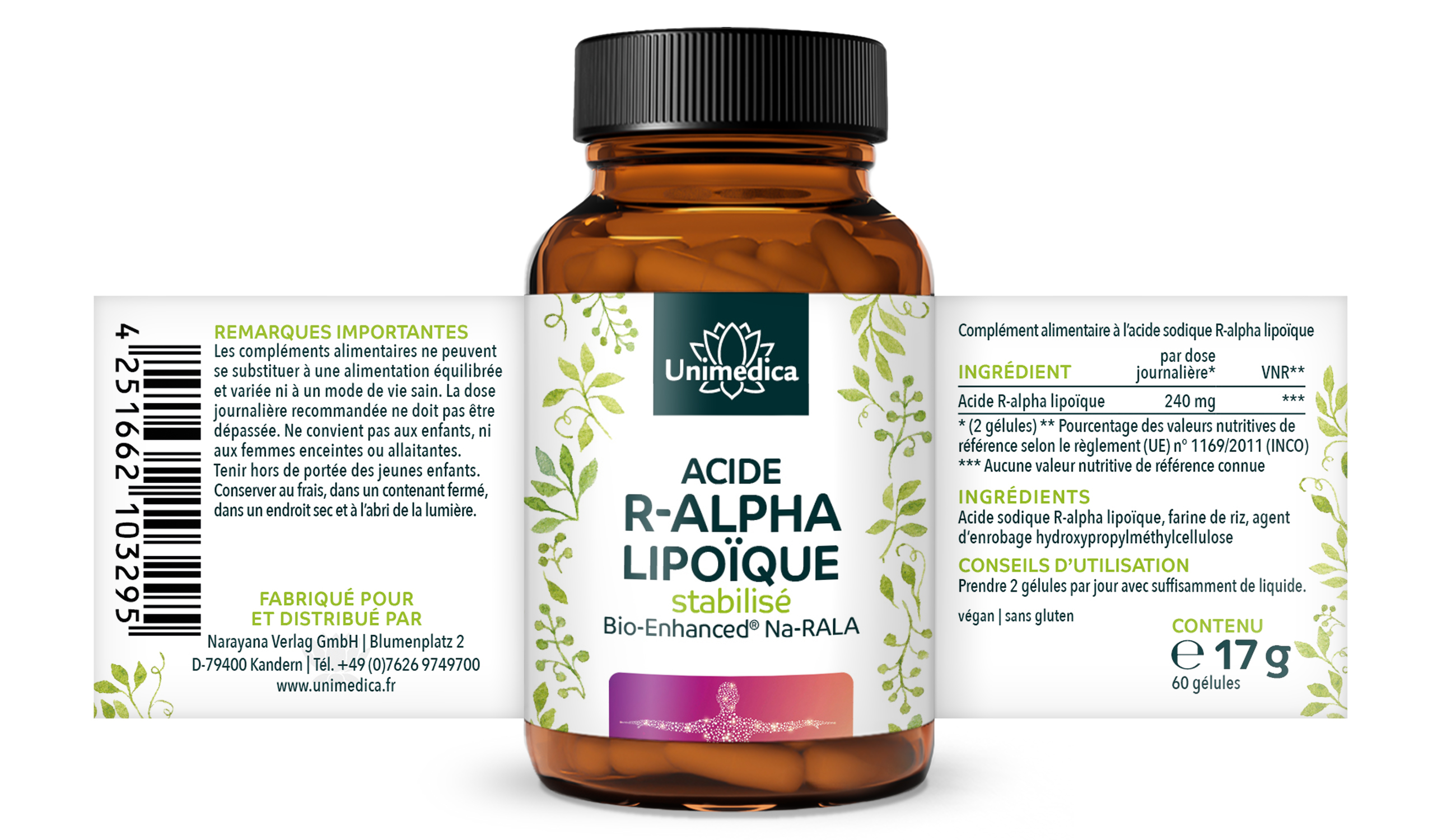 Lot de 2: Acide sodique R-alpha lipoïque - Bio Enhanced® - 240 mg - 2 x 60 gélules - par Unimedica