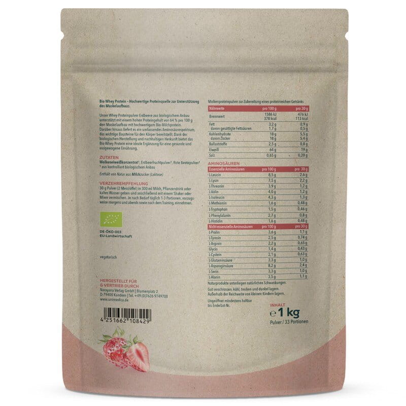 Starter-Set: Bio Whey Protein - Erdbeere - 64 % Protein - 1 kg + Unimedica Protein Shaker - 500 ml - von Unimedica