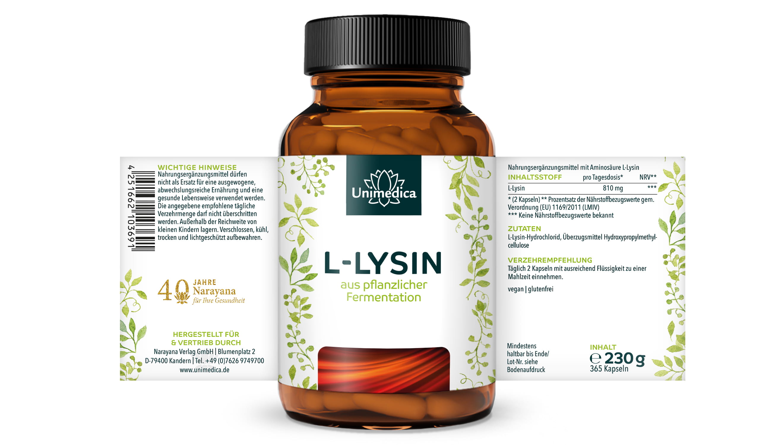 L-Lysin - 810 mg L-Lysin pro Tagesdosis (2 Kapseln) - 365 Kapseln - von Unimedica