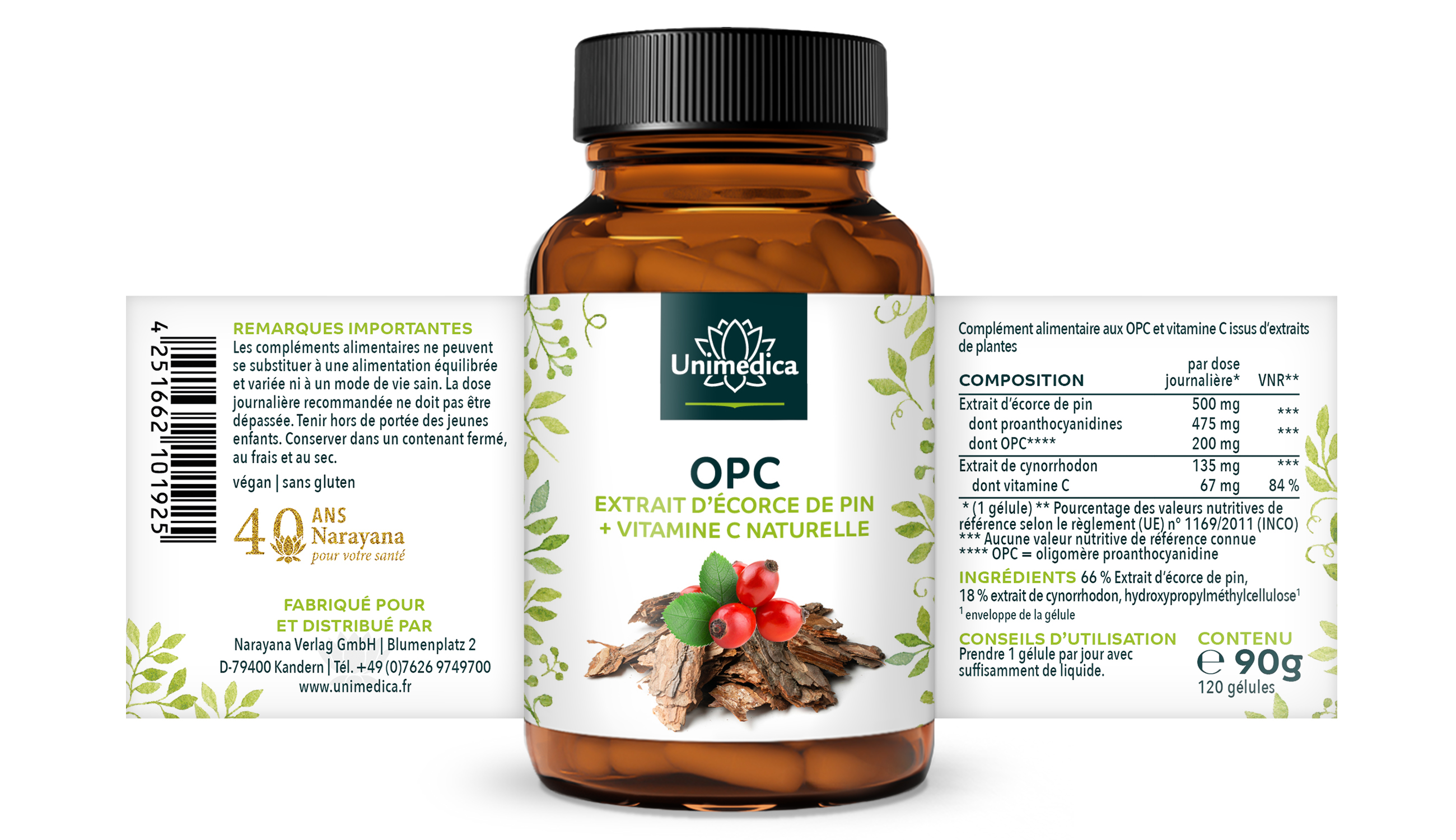 Lot de 2: Extrait d'écorce de pin OPC - 500 mg - 2 x 120 gélules - Unimedica