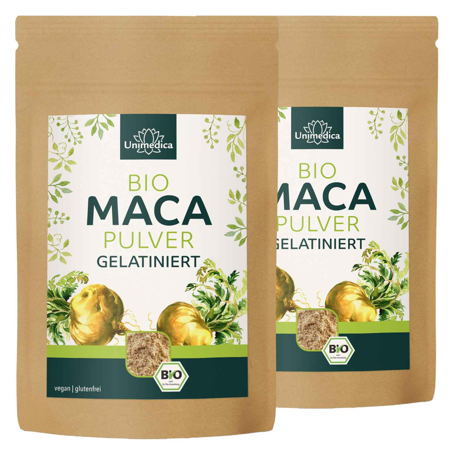 2er-Sparset: Bio Maca Pulver - gelatiniert - 2 x 300 g - von Unimedica