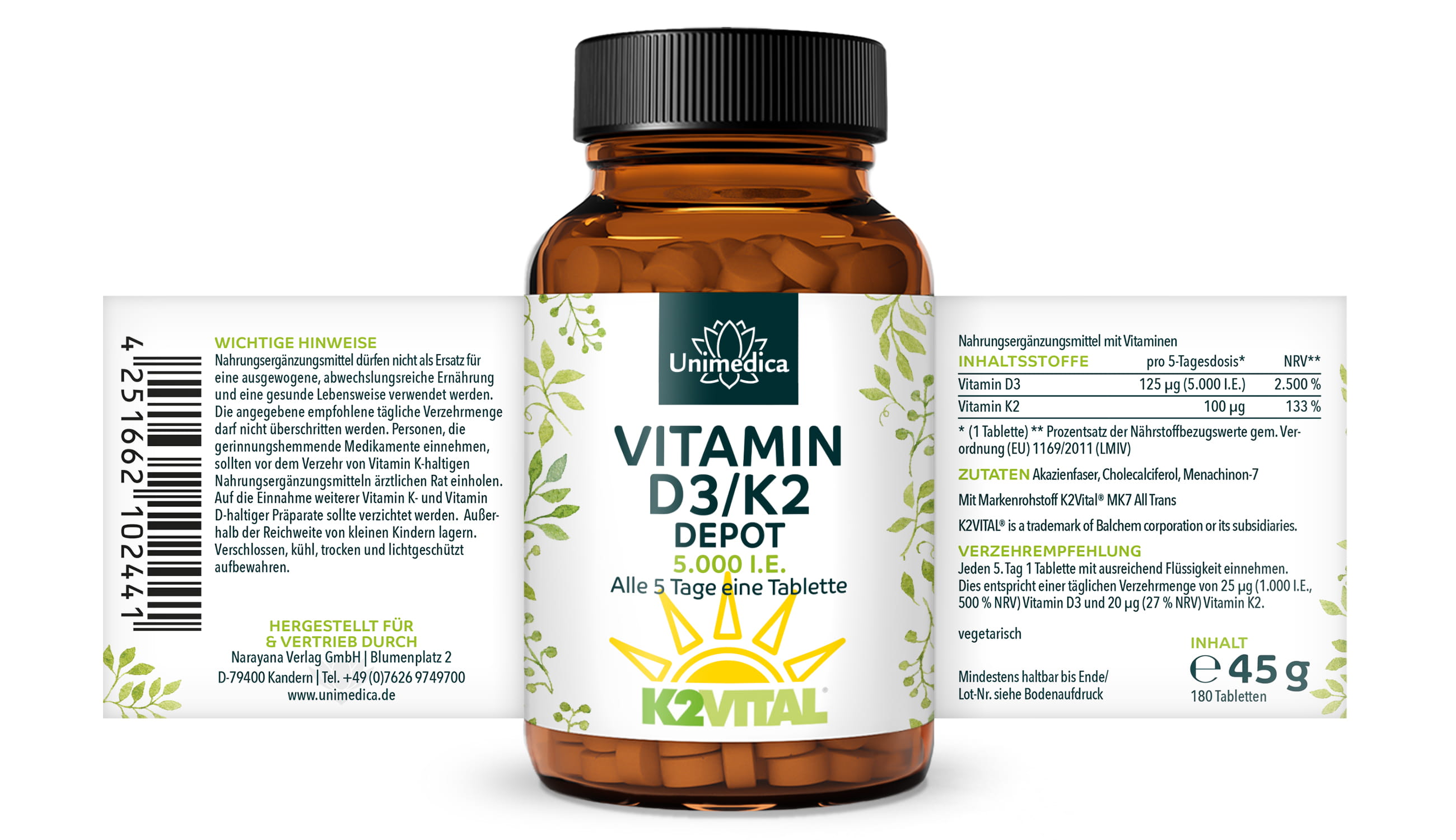 Sparset: Vitamin A Tropfen - 1.500 µg / 5.000 I.E pro Tagesdosis - hochdosiert - 50 ml UND - Vitamin D3/K2 5000 I.E. - 125 µg D3 und 100 µg K2 - 180 Tabletten - von Unimedica
