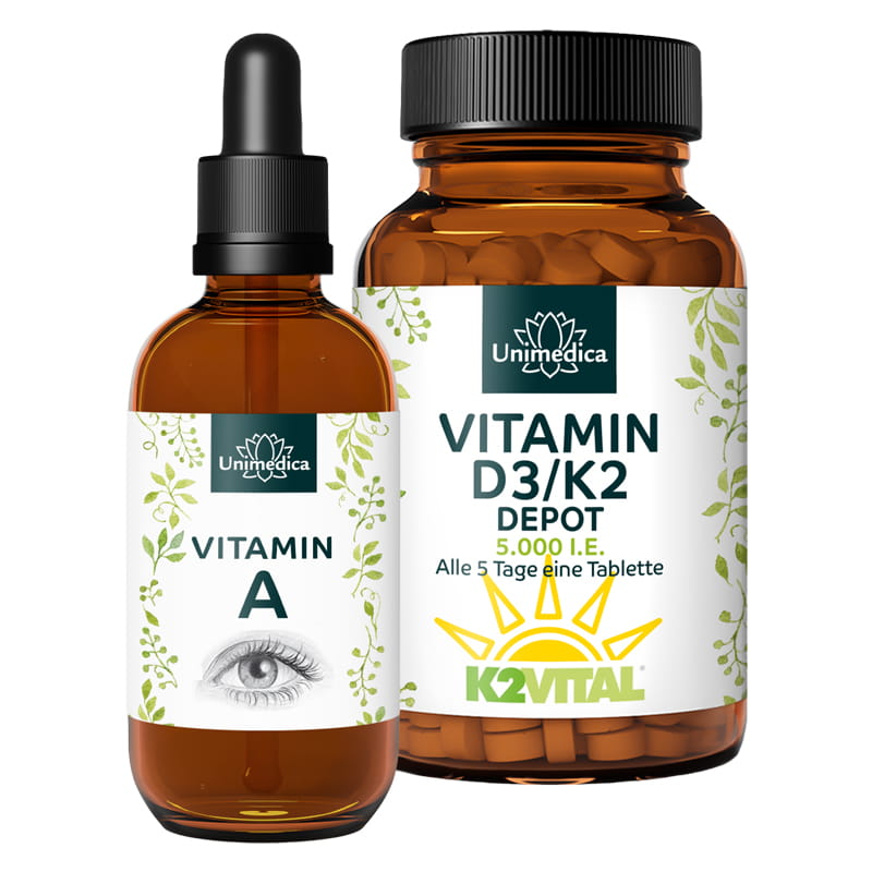 Sparset: Vitamin A Tropfen - 1.500 µg / 5.000 I.E pro Tagesdosis - hochdosiert - 50 ml UND - Vitamin D3/K2 5000 I.E. - 125 µg D3 und 100 µg K2 - 180 Tabletten - von Unimedica