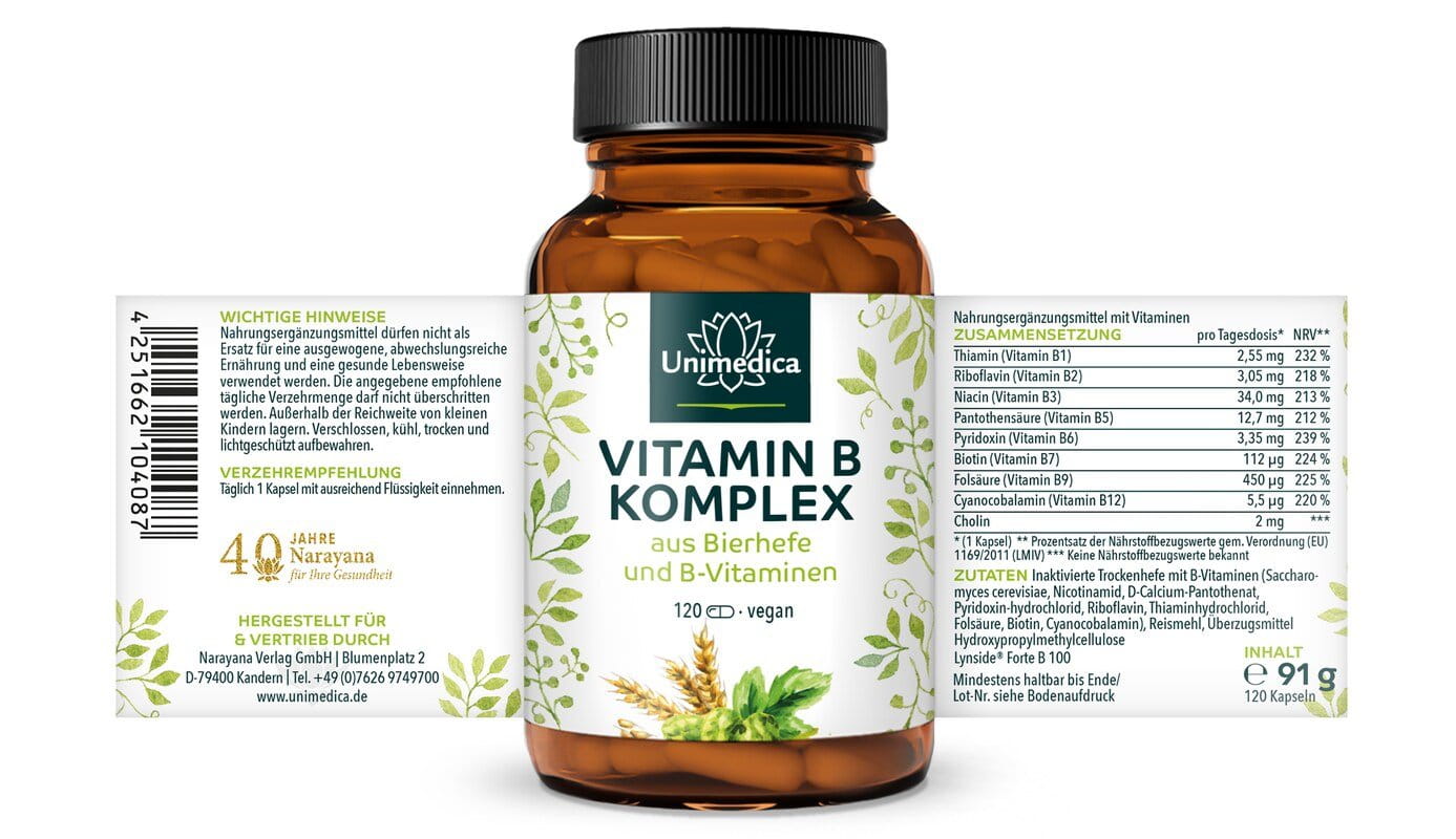 Vitamin B-Komplex aus Bierhefe + B-Vitamine - 120 Kapseln - von Unimedica