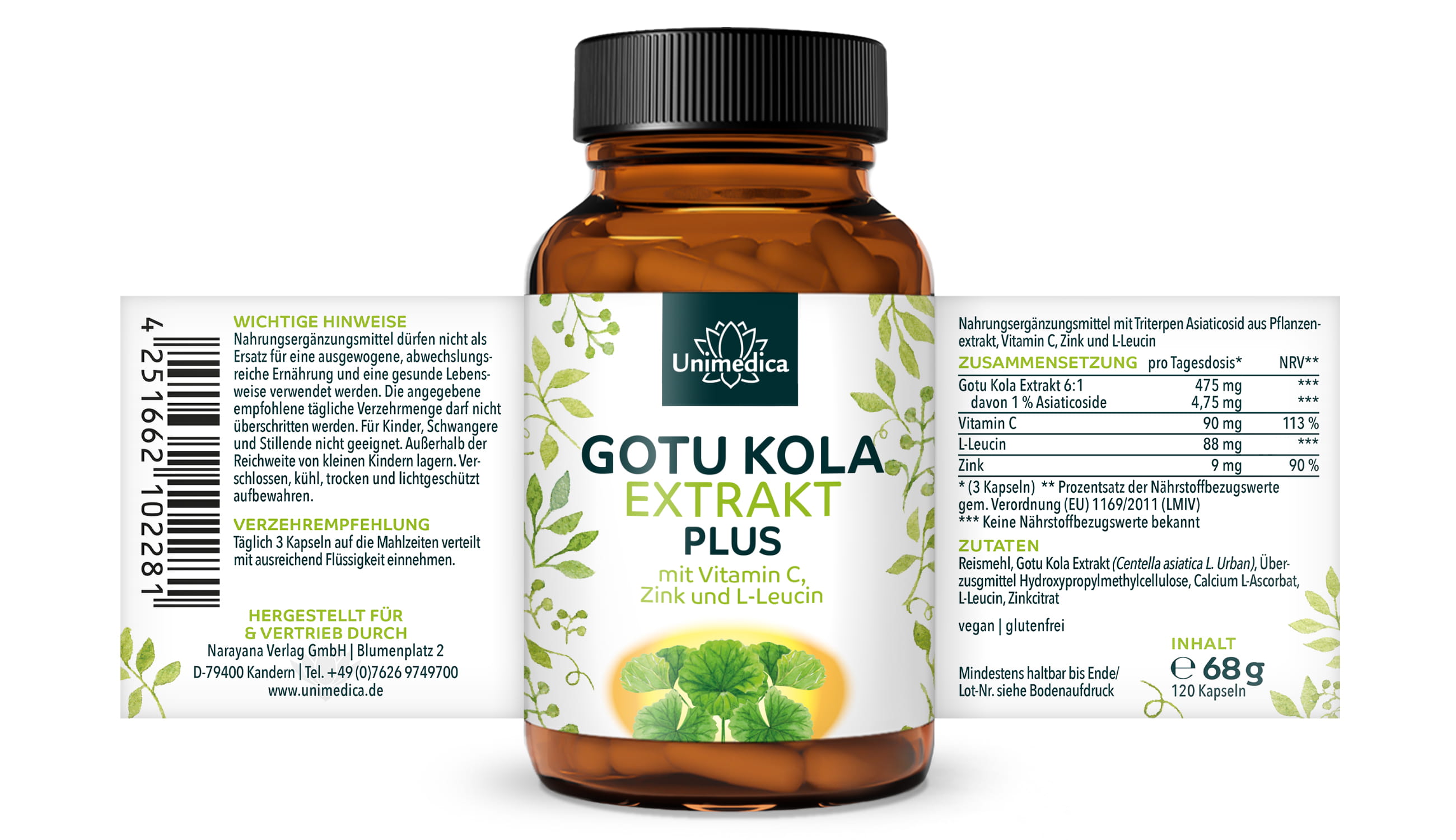 2er-Sparset: Gotu Kola Extrakt Plus - mit Vitamin C, Zink und L-Leucin - 2 x 120 Kapseln - von Unimedica