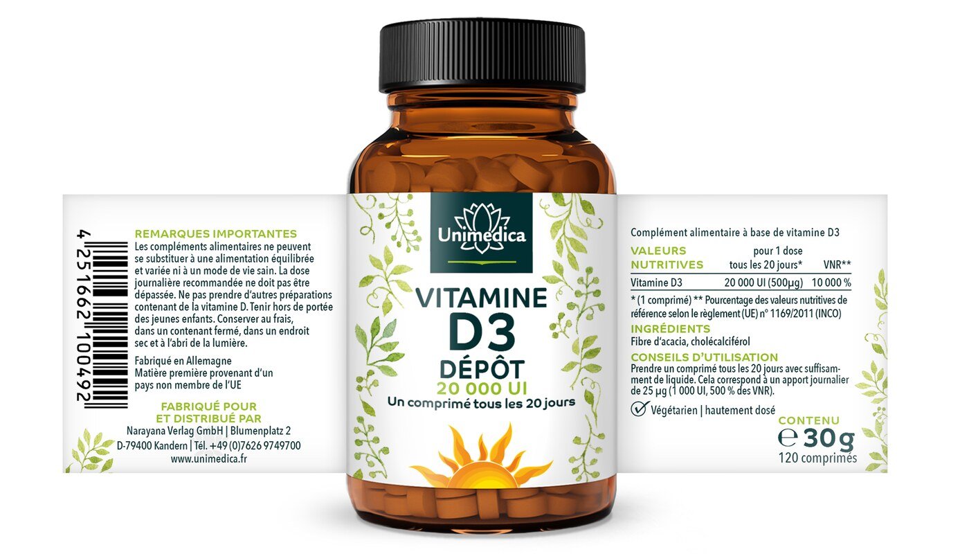 Lot de 2: Vitamine D3 Depot 20.000 I.E. - 2 x 120 comprimés  Unimedica