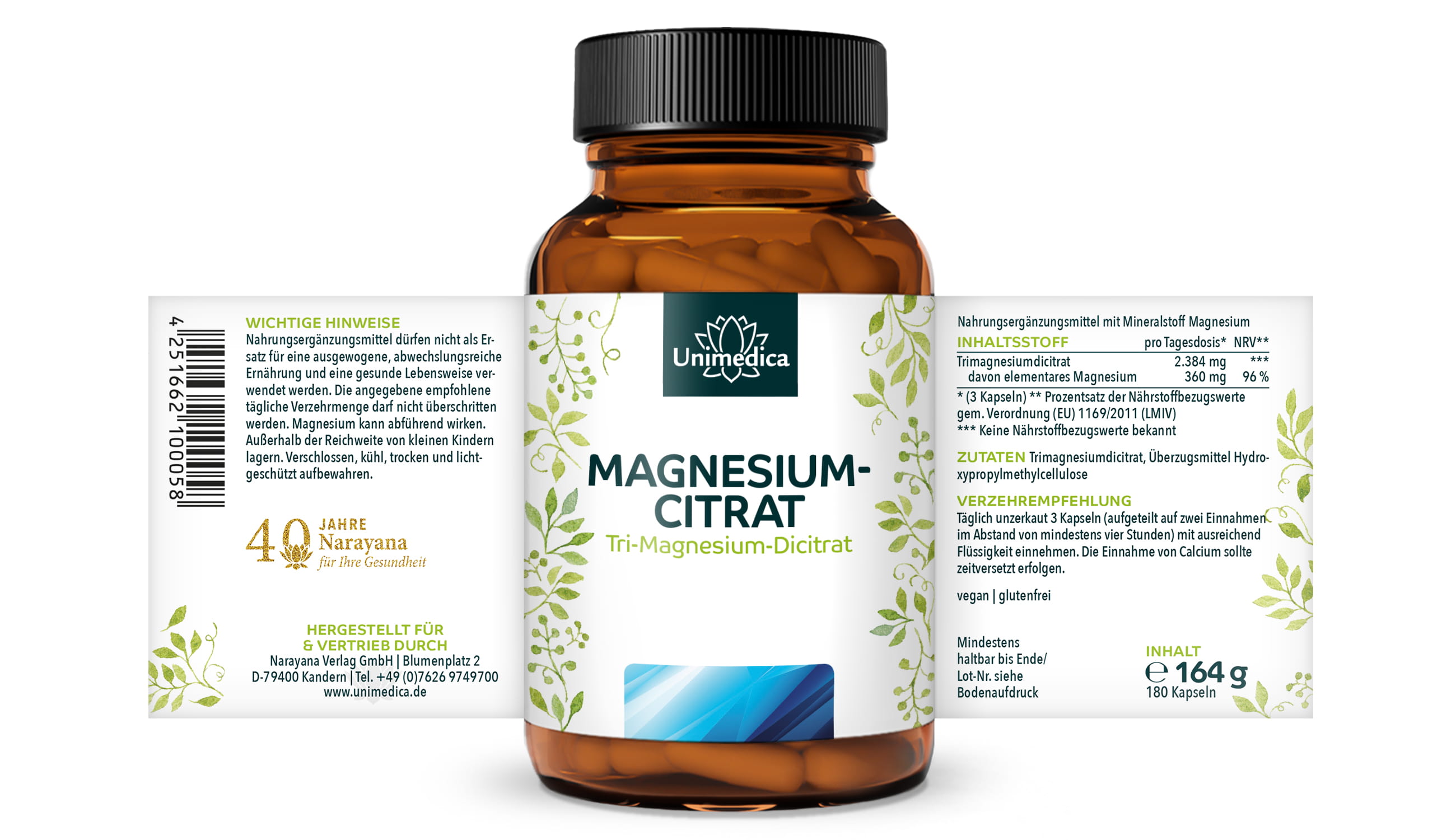 Magnesium Citrat - Tri-Magnesium-Dicitrat - 360 mg elementares Magnesium pro Tagesdosis (3 Kapseln) - 180 Kapseln - von Unimedica