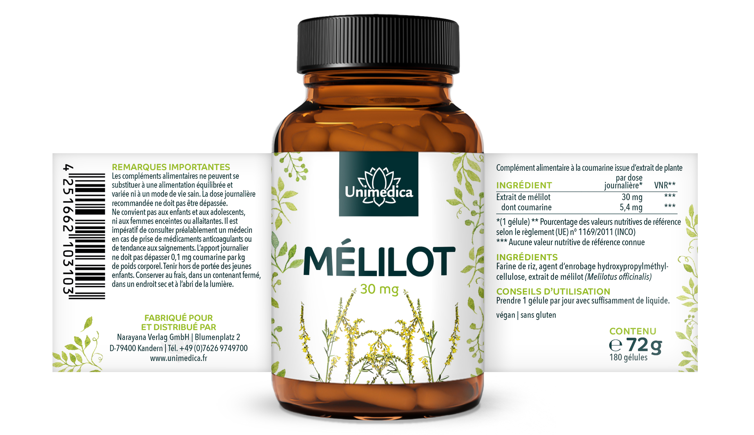 Lot de 2: Extrait de mélilot à 18 % de coumarine - 2 x 180 gélules - par Unimedica