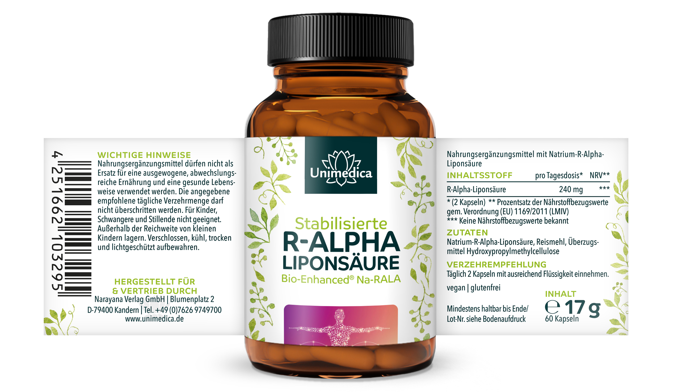 R-Alpha-Liponsäure Sodium - Bio Enhanced®  - 240 mg pro Tagesdosis (2 Kapseln)  - 60 Kapseln - von Unimedica