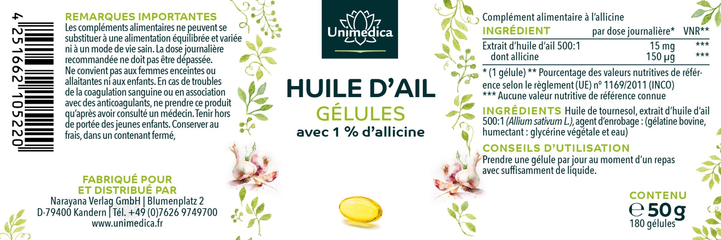 Gélules softgel d'huile d'ail  concentration 500:1 - 15 mg d'extrait d'huile d'ail par dose journalière (1 gélule) - 180 gélules - par Unimedica