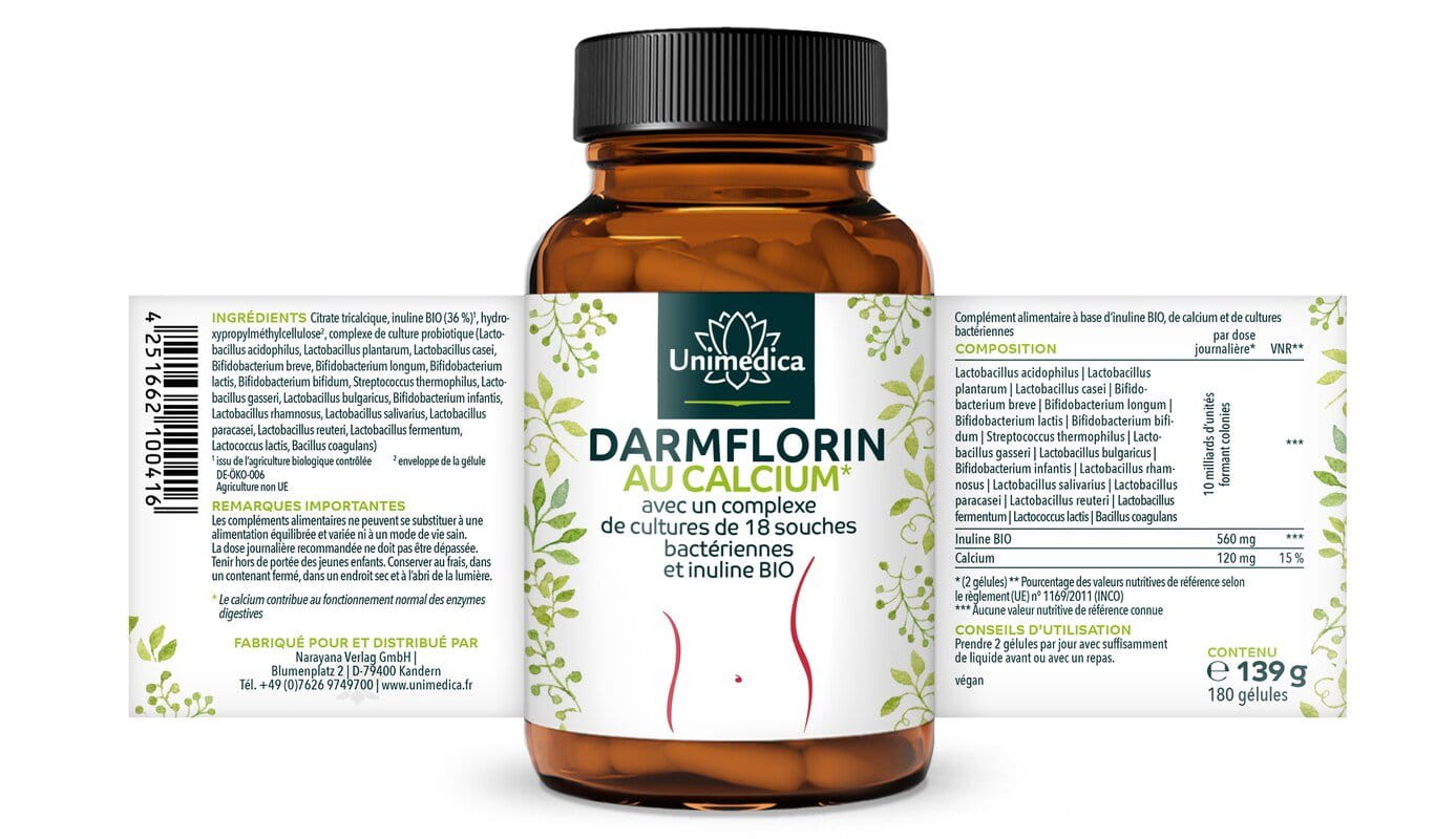 Darmflorin avec calcium - avec complexe de cultures de 18 souches bactériennes et inuline BIO - 180 gélules - par Unimedica