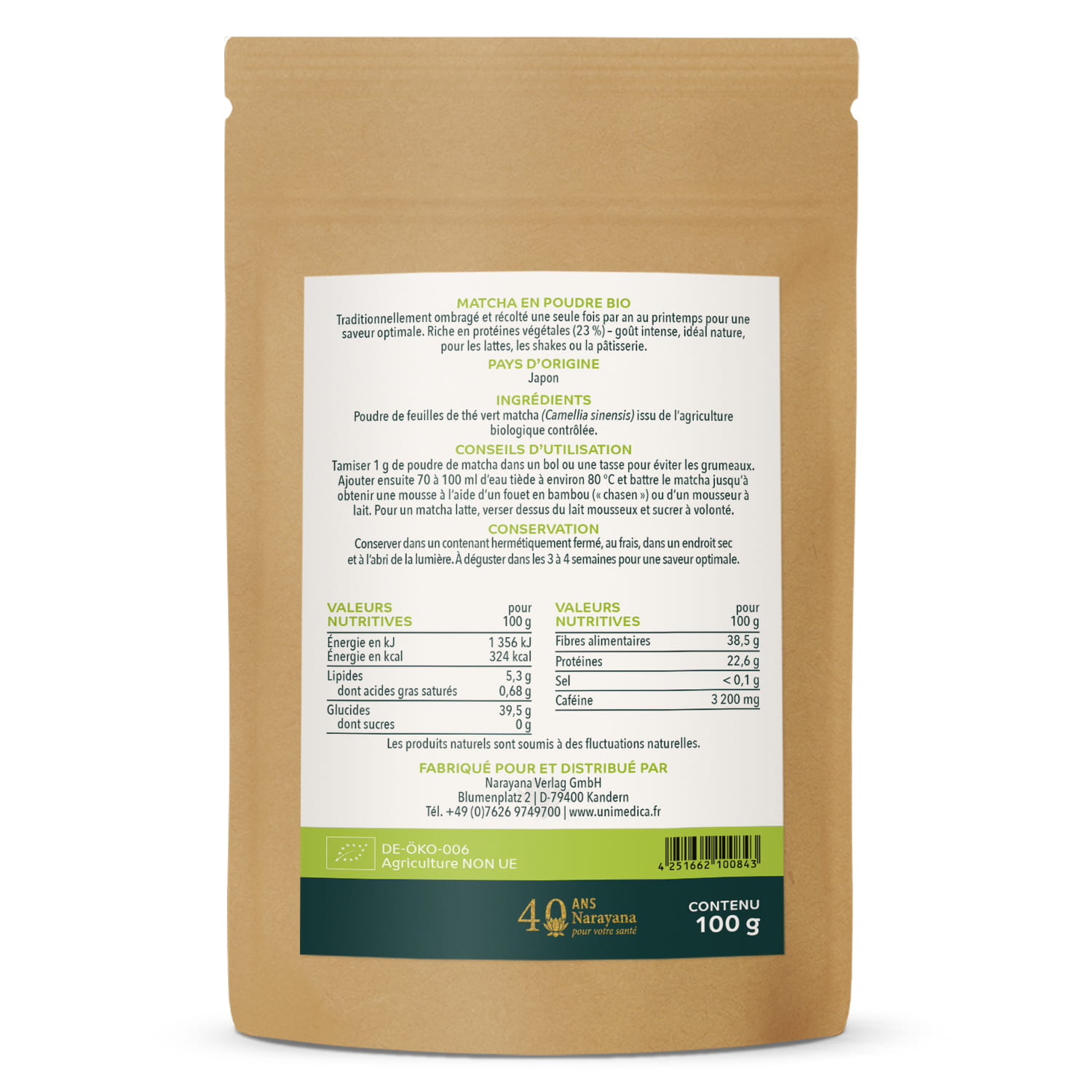 Matcha en poudre - 100 g - thé vert traditionnel japonais