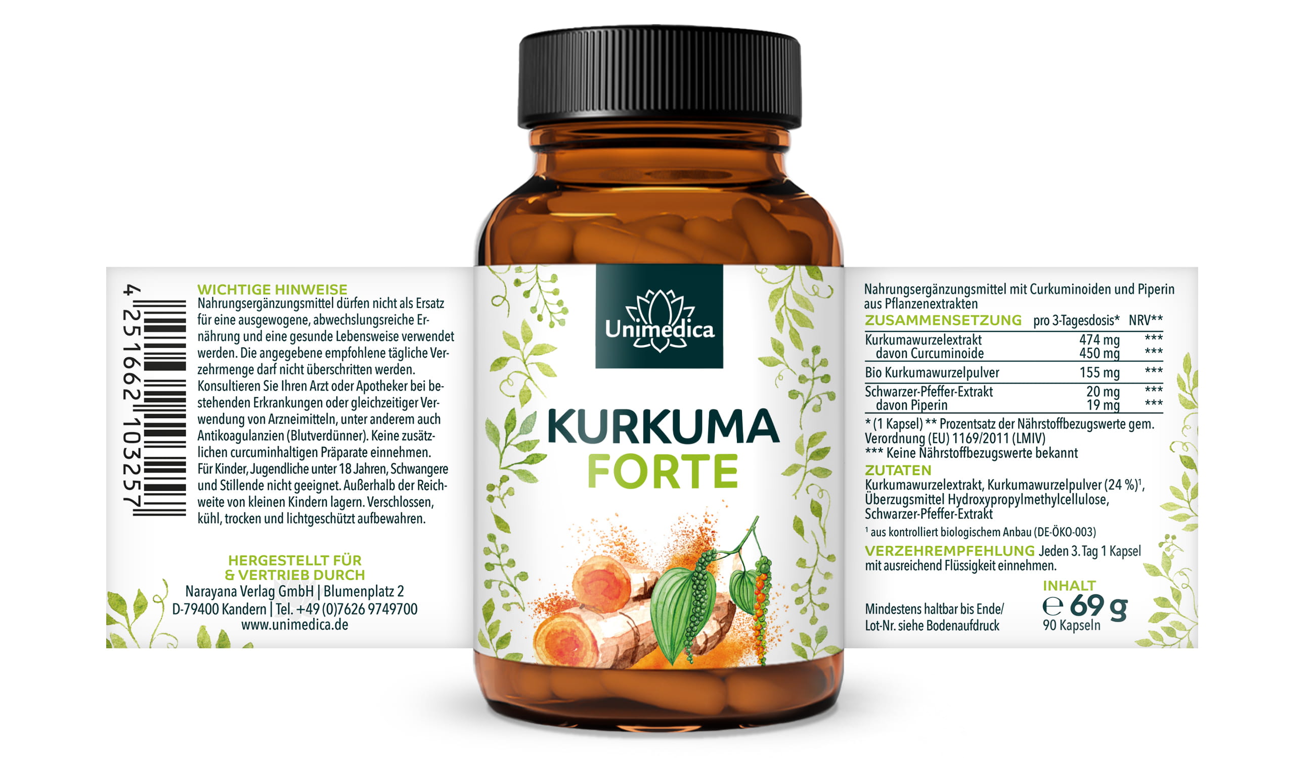 Kurkuma FORTE - mit schwarzem Pfeffer - 90 Kapseln - von Unimedica