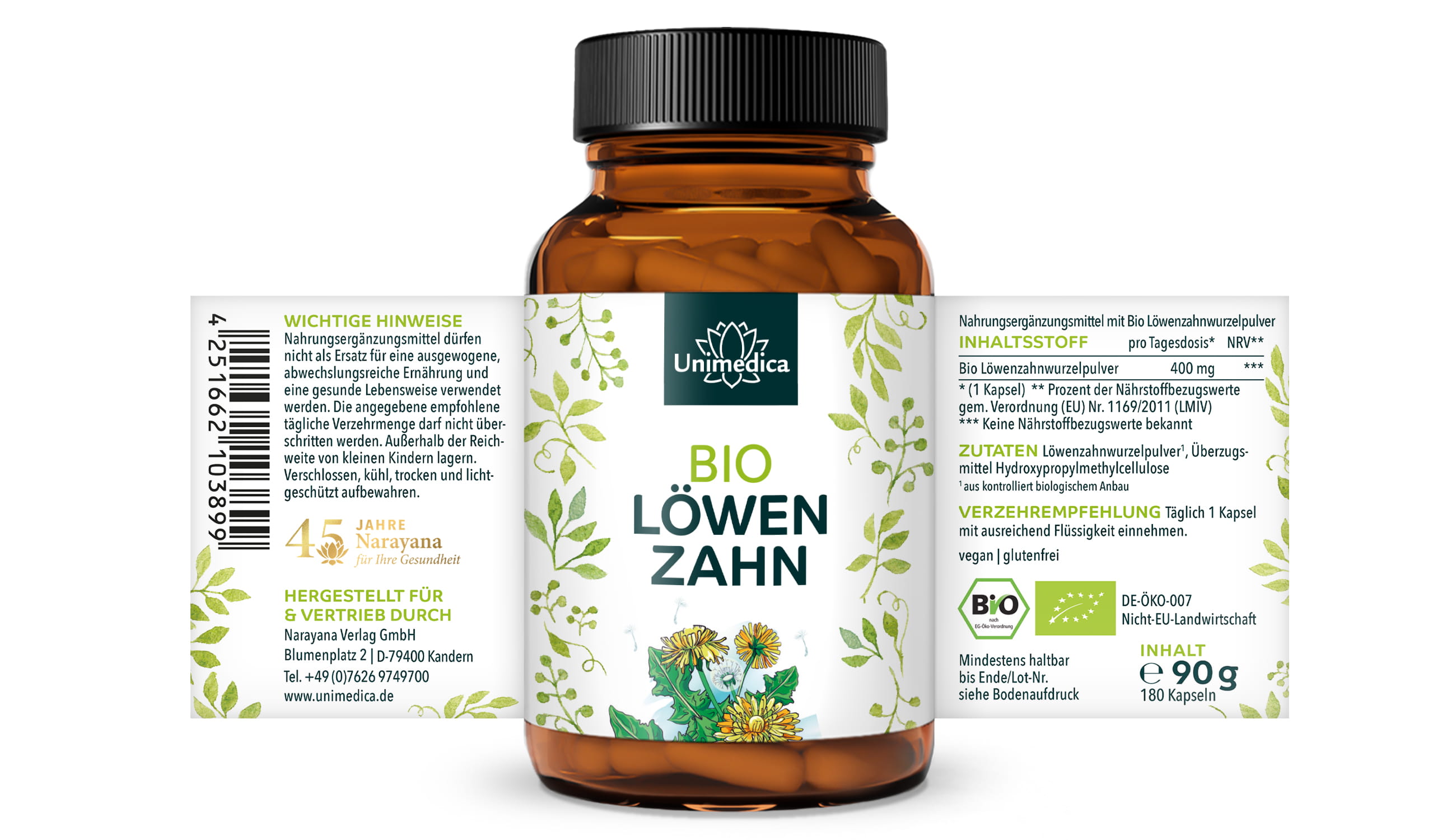 Bio Löwenzahn - 400 mg pro Tagesdosis (1 Kapsel) - 180 Kapseln - von Unimedica