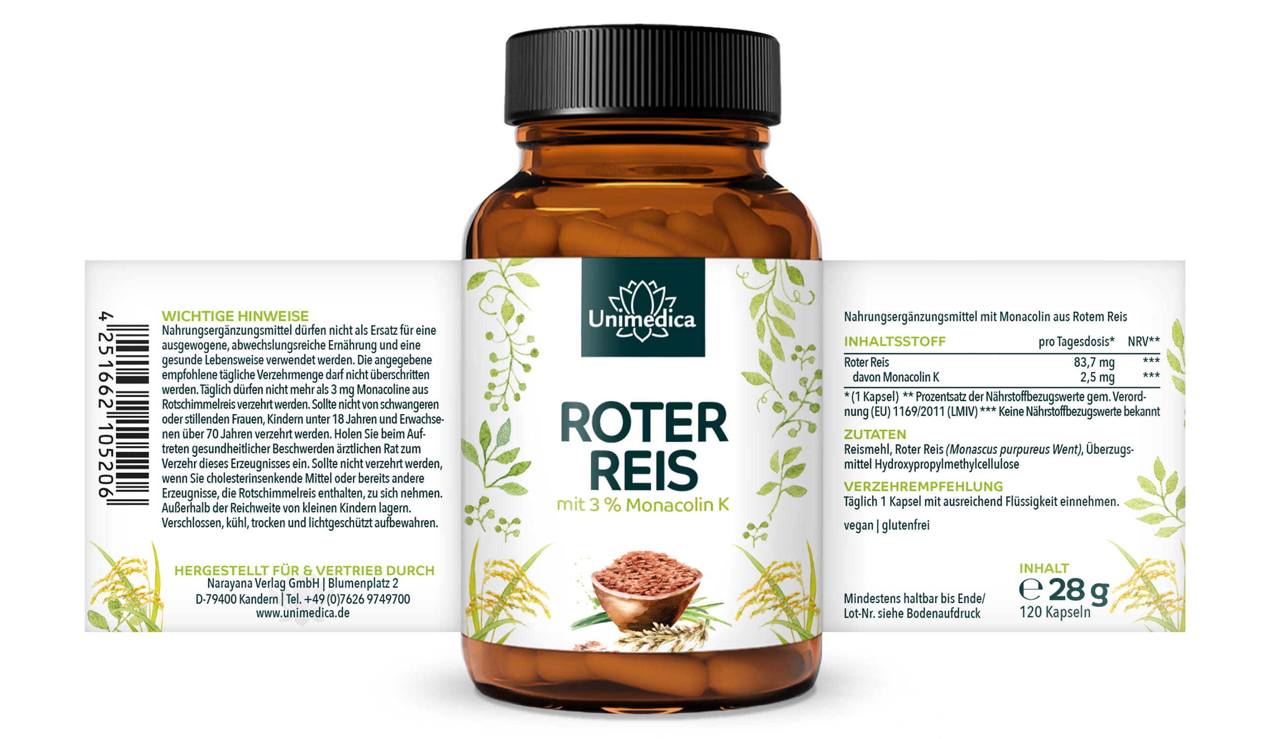 Roter Reis - Rotschimmelreis aus natürlicher Fermentation - mit 2,51 mg Monacolin K pro Tagesdosis (1 Kapsel) - 120 Kapseln - von Unimedica
