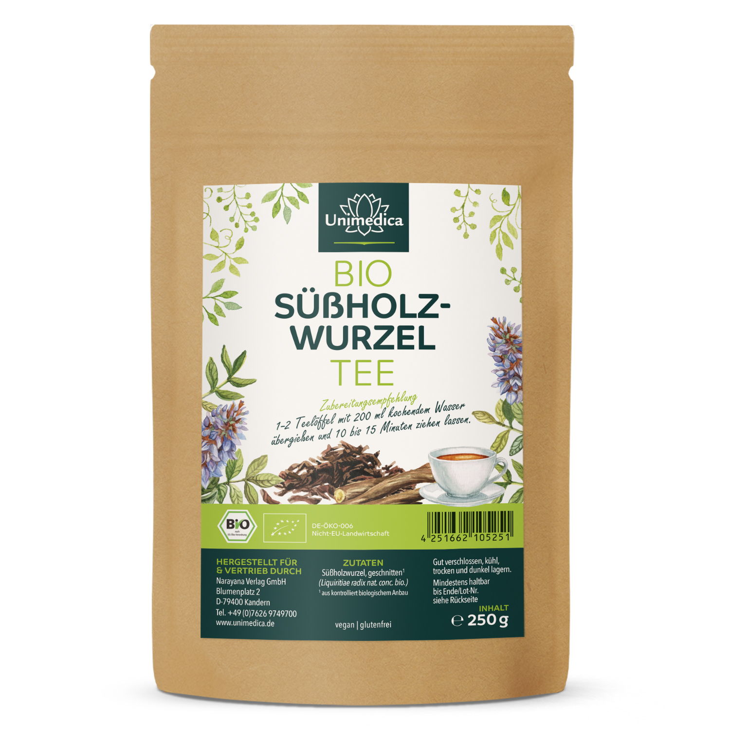 Bio Süßholzwurzel Tee - Liquiritiae radix nat. conc. bio. - ungeschält und geschnitten - 250 g - von Unimedica