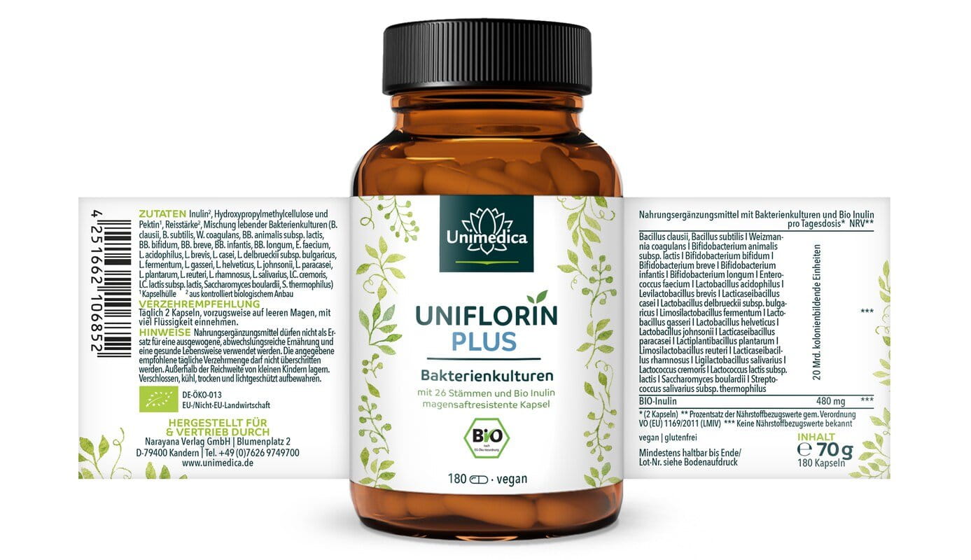 Uniflorin Plus mit Kulturen Komplex aus 26 Bakterienstämmen und Bio Inulin - 20 Mrd. KBE pro Tagesdosis (2 Kapseln) - 180 magensaftresistente Kapseln - von Unimedica