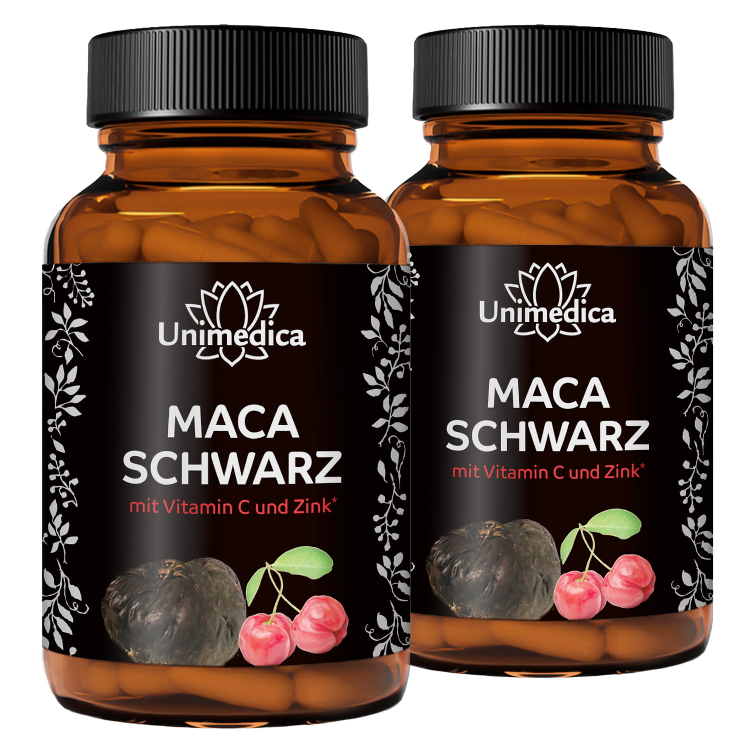 2er-Sparset: Schwarzes Maca mit Vitamin C aus Acerola und Zink - 3.000 mg pro Tagesdosis (4 Kapseln) - 2 x 180 Kapseln - von Unimedica