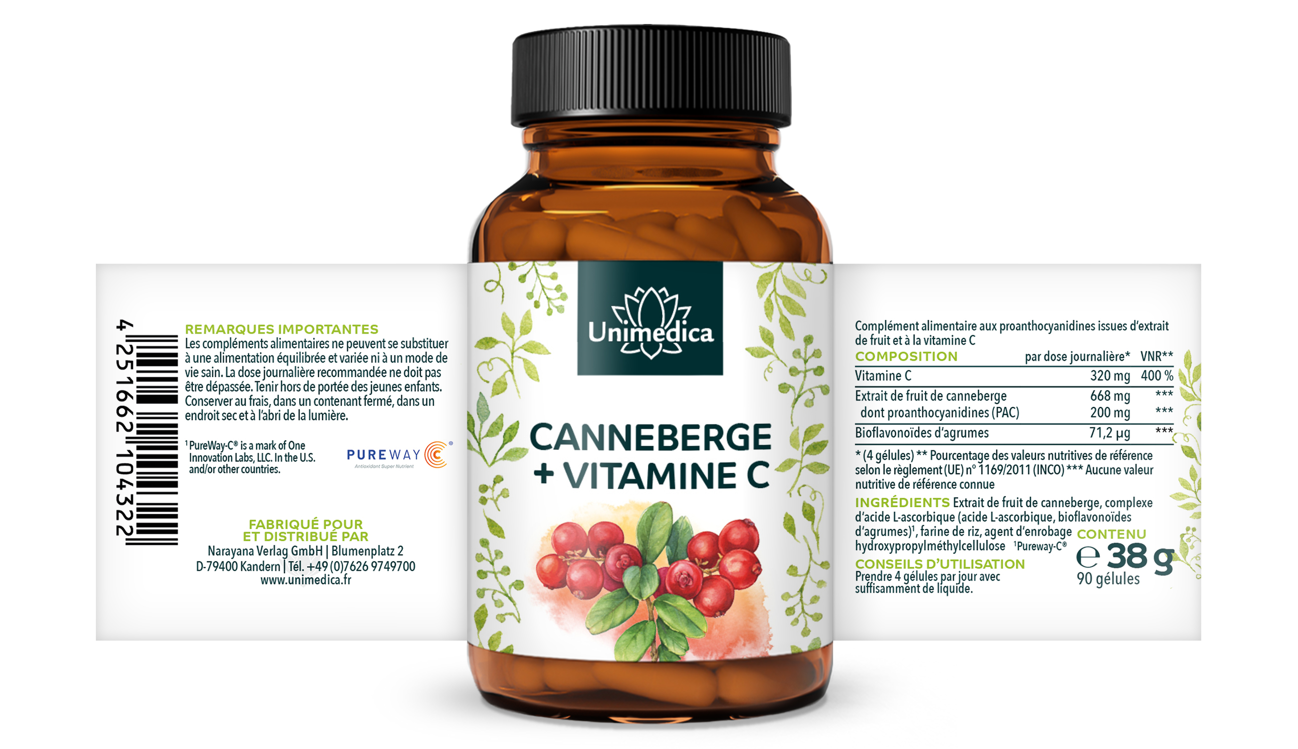 Lot de 2: Extrait de canneberge - 500 mg par dose journalière - avec de la vitamine C - 2 x 90 gélules - par Unimedica
