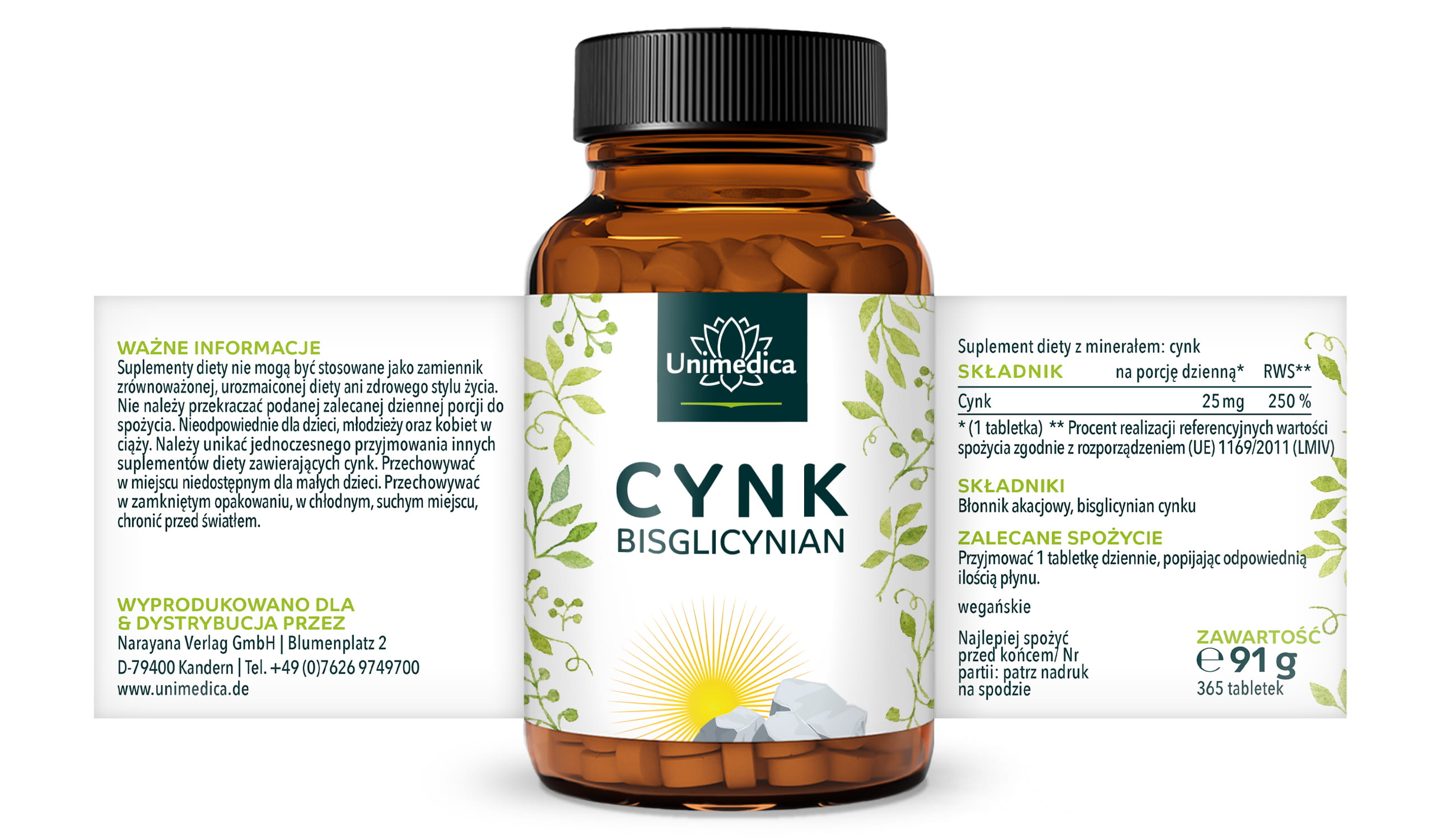 Bisglicynian cynku - 25 mg cynku na dzienną dawkę (1 tabletka) - wysokodawkowy - 365 tabletek