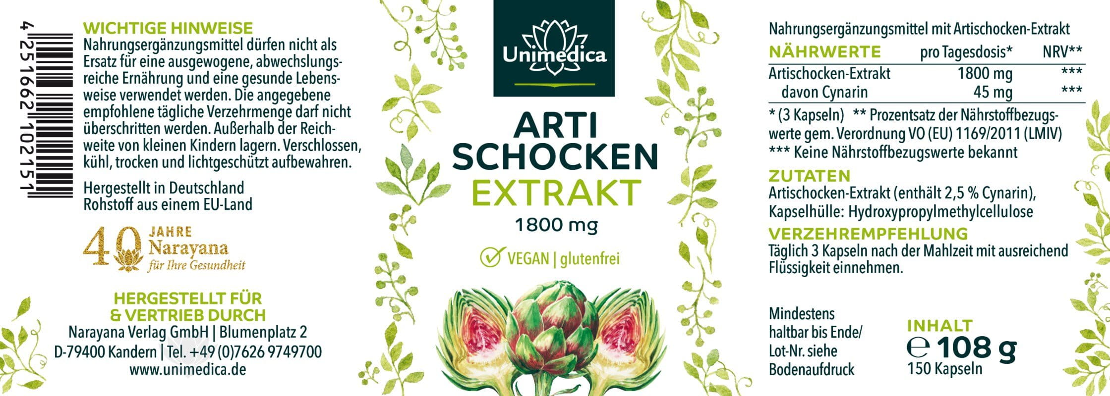 2er-Sparset: Artischockenextrakt - 1.800 mg pro Tagesdosis - 2 x 150 Kapseln - von Unimedica