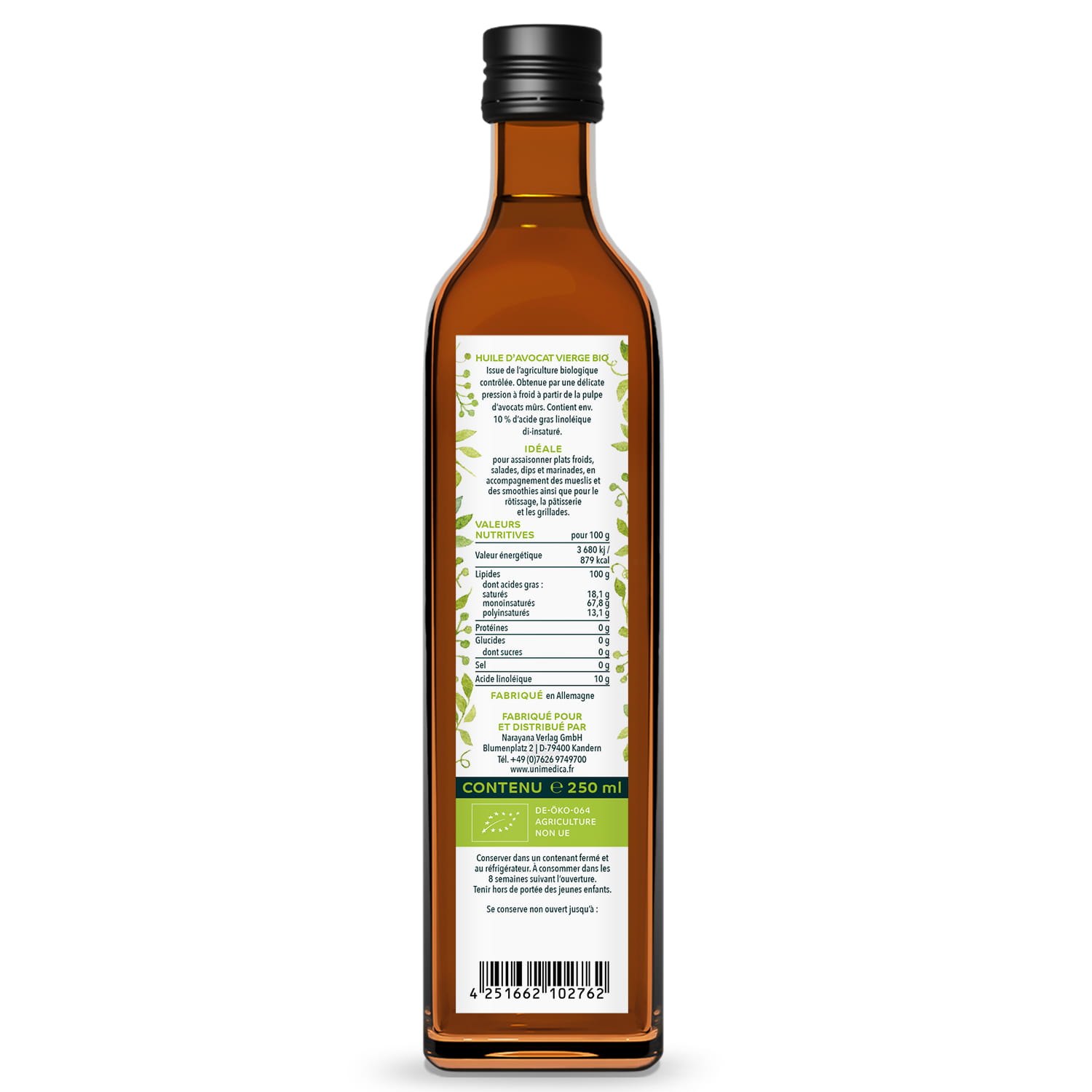 Huile d'avocat vierge BIO - 250 ml - par Unimedica