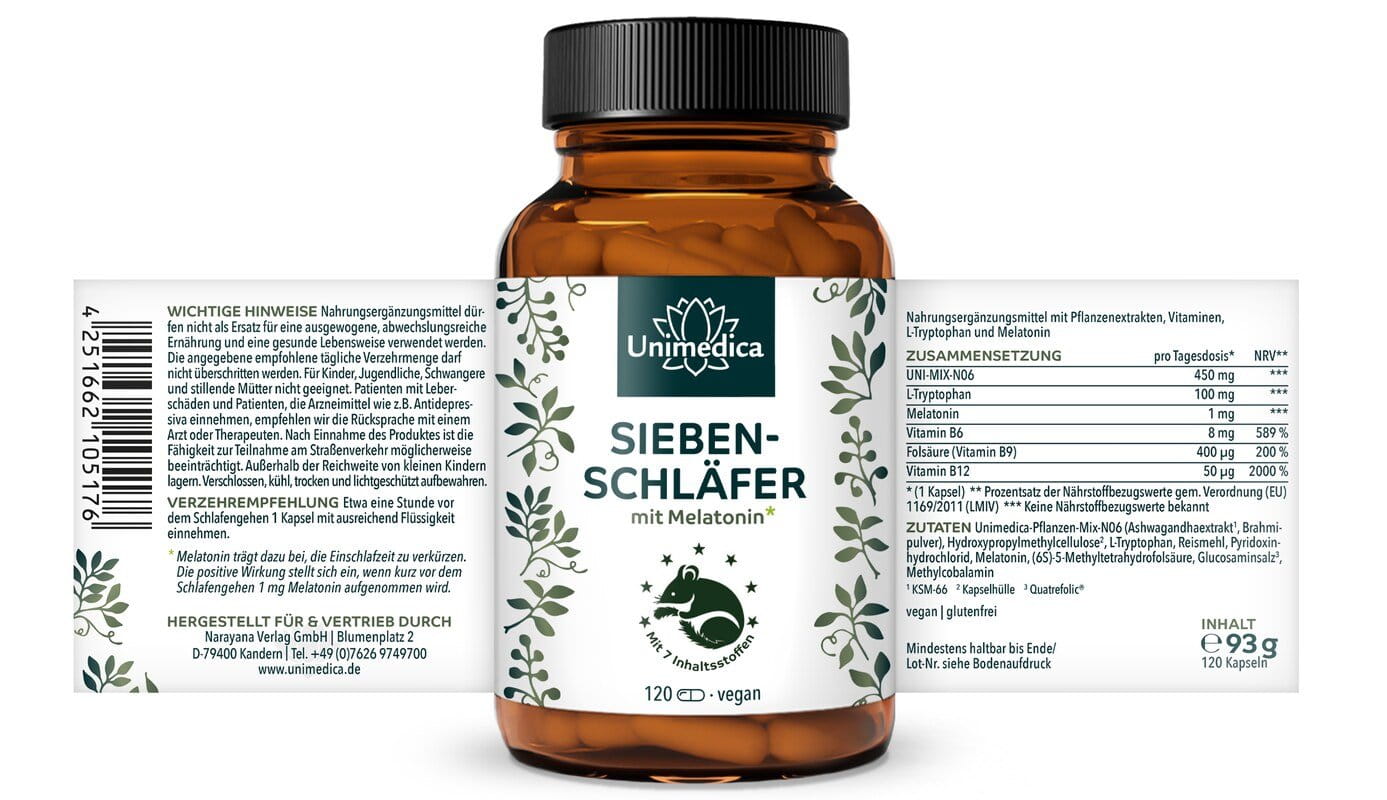 2er-Sparset: Siebenschläfer - Komplex mit Melatonin*, Vitaminen, L-Tryptophan, Bio Ashwagandha und Bio Brahmi - 2 x 120 Kapseln - von Unimedica