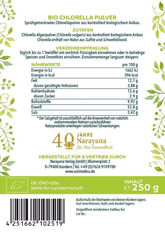 Bio Chlorella Pulver - 250 g -  laborgeprüft und naturrein -  von Unimedica